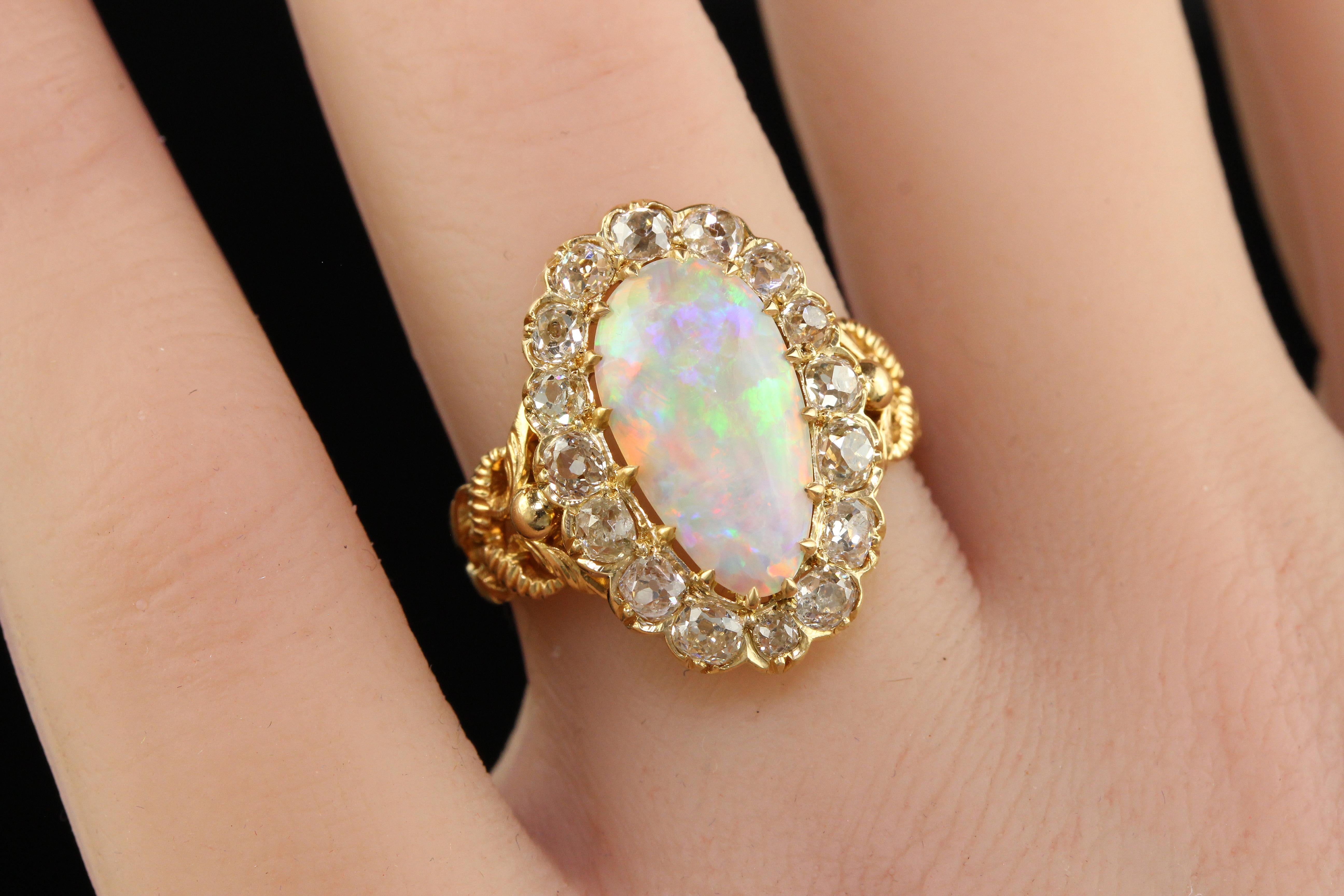 Antique Victorian 18K Yellow Gold Natural Australian Opal Diamond Halo Ring For Sale 4