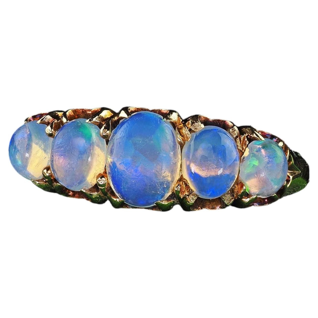 Antique Victorian 18K Yellow Gold Natural Cabochon Opal Five Stone Ring For Sale