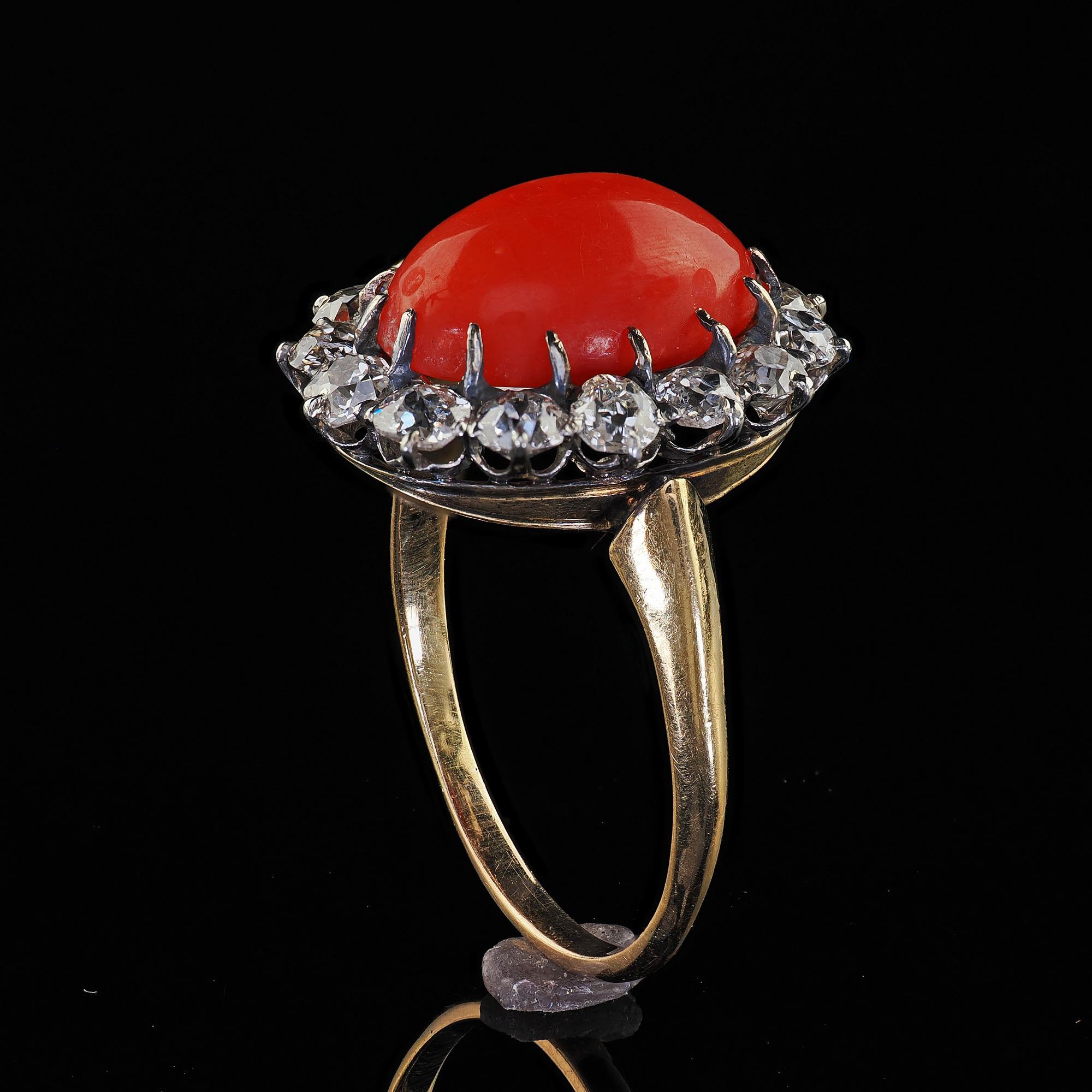 Antique Victorian 18K Yellow Gold Natural Coral Old Mine Diamond Cocktail Ring For Sale 5