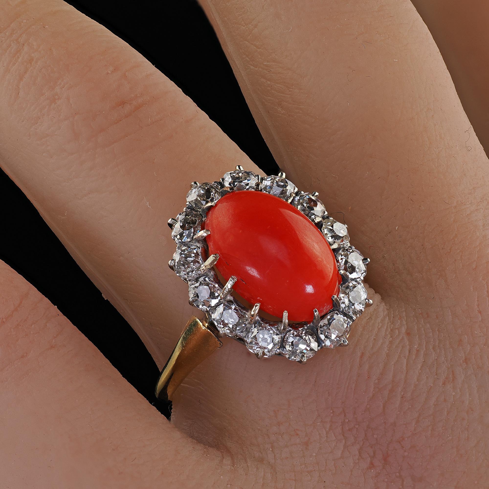 Antique Victorian 18K Yellow Gold Natural Coral Old Mine Diamond Cocktail Ring For Sale 6