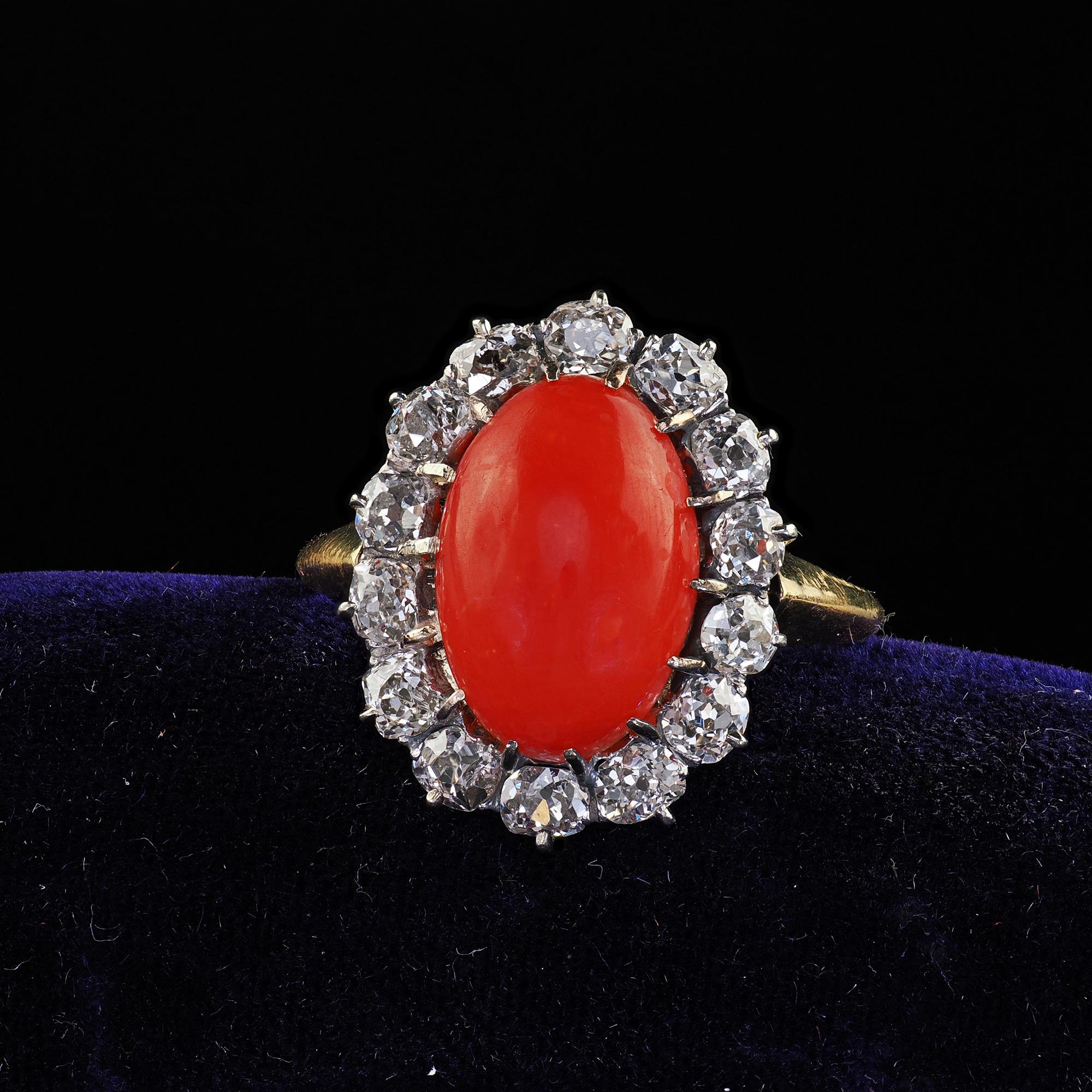 Beautiful Antique Victorian 18K Yellow Gold Natural Coral Old Mine Diamond Cocktail Ring. This incredible Victorian coral and diamond ring is crafted in 18k yellow gold. This beautiful ring features a natural coral in the center and is surrounded by