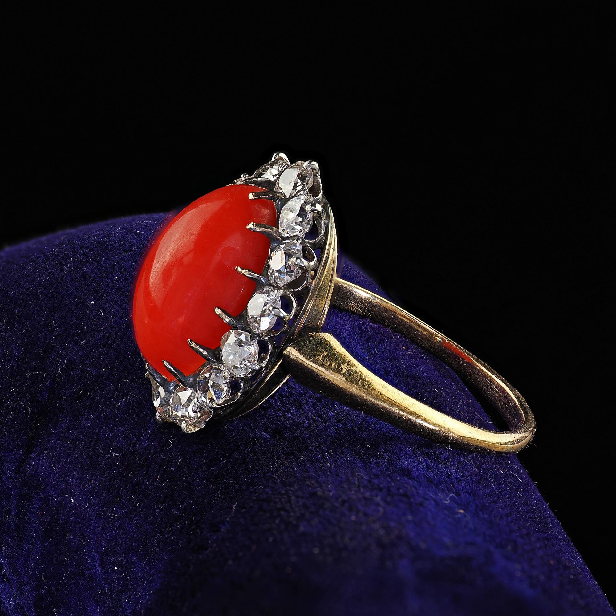 Women's Antique Victorian 18K Yellow Gold Natural Coral Old Mine Diamond Cocktail Ring For Sale
