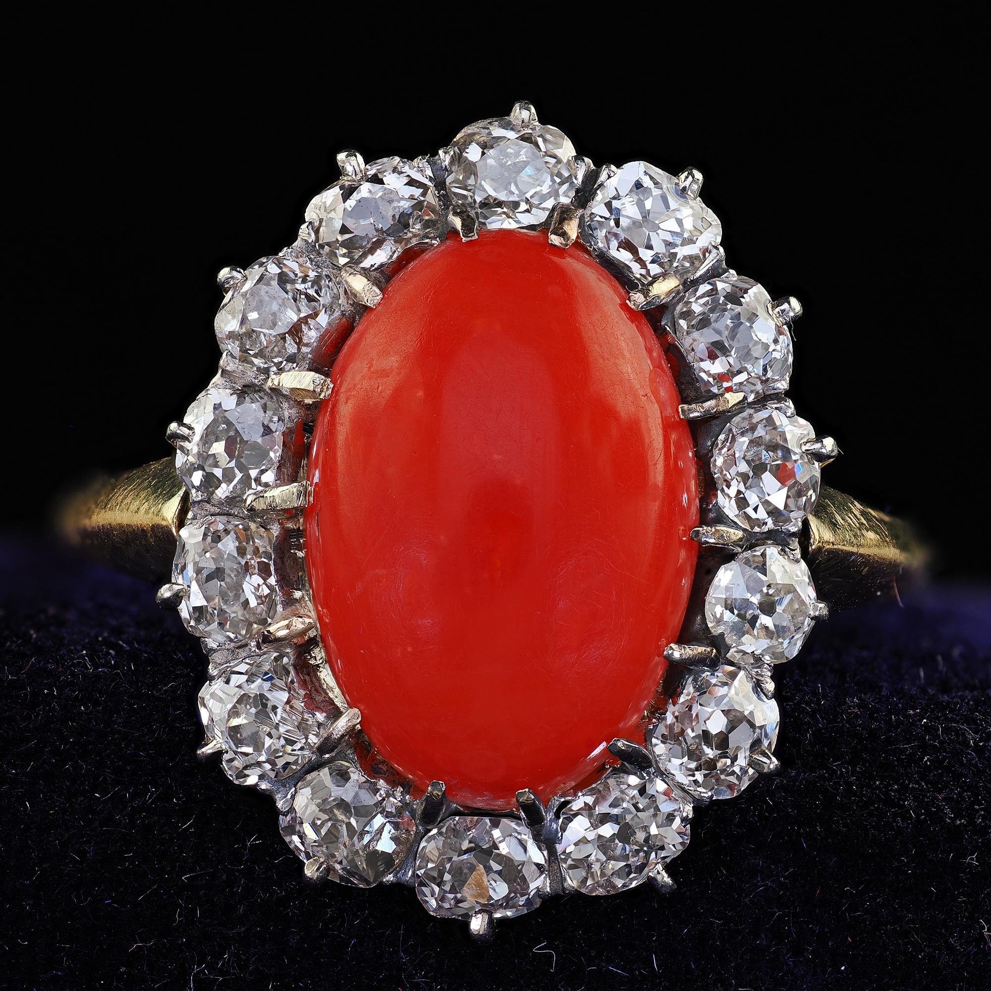 Antique Victorian 18K Yellow Gold Natural Coral Old Mine Diamond Cocktail Ring For Sale 1