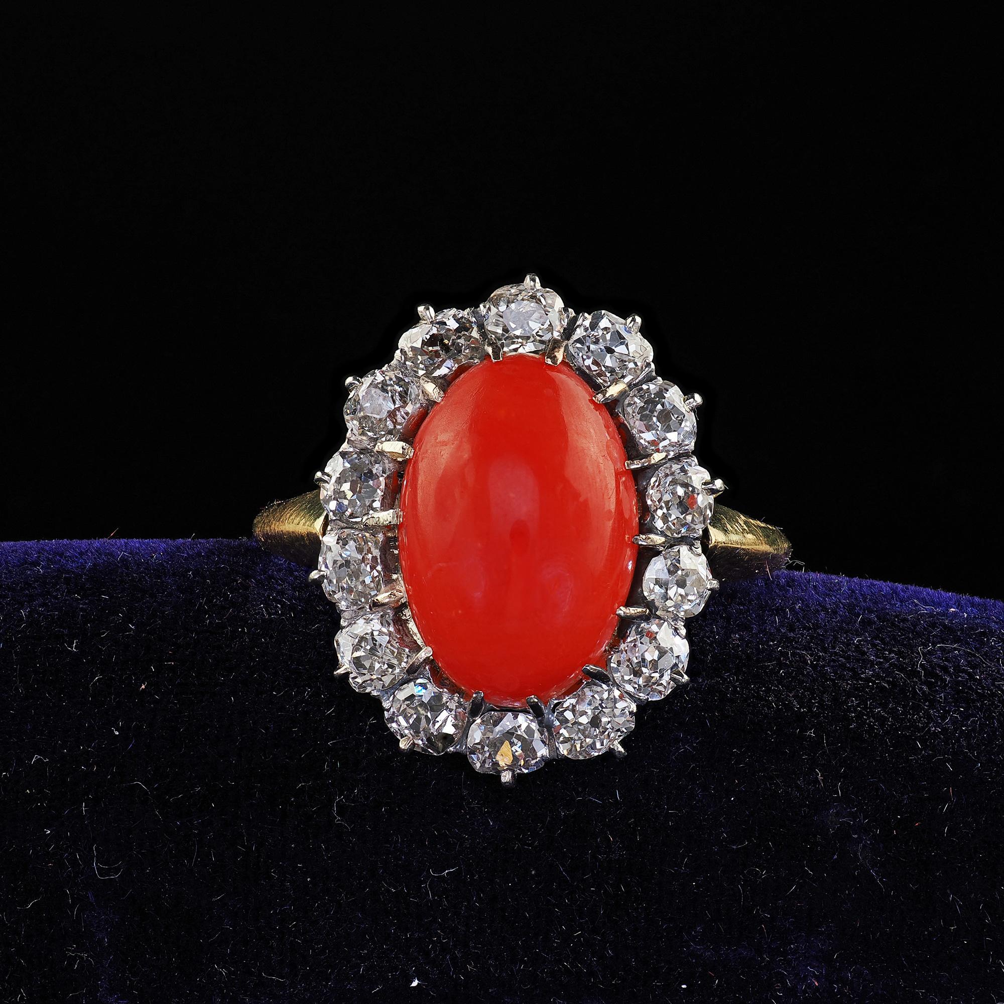 Antique Victorian 18K Yellow Gold Natural Coral Old Mine Diamond Cocktail Ring For Sale 2