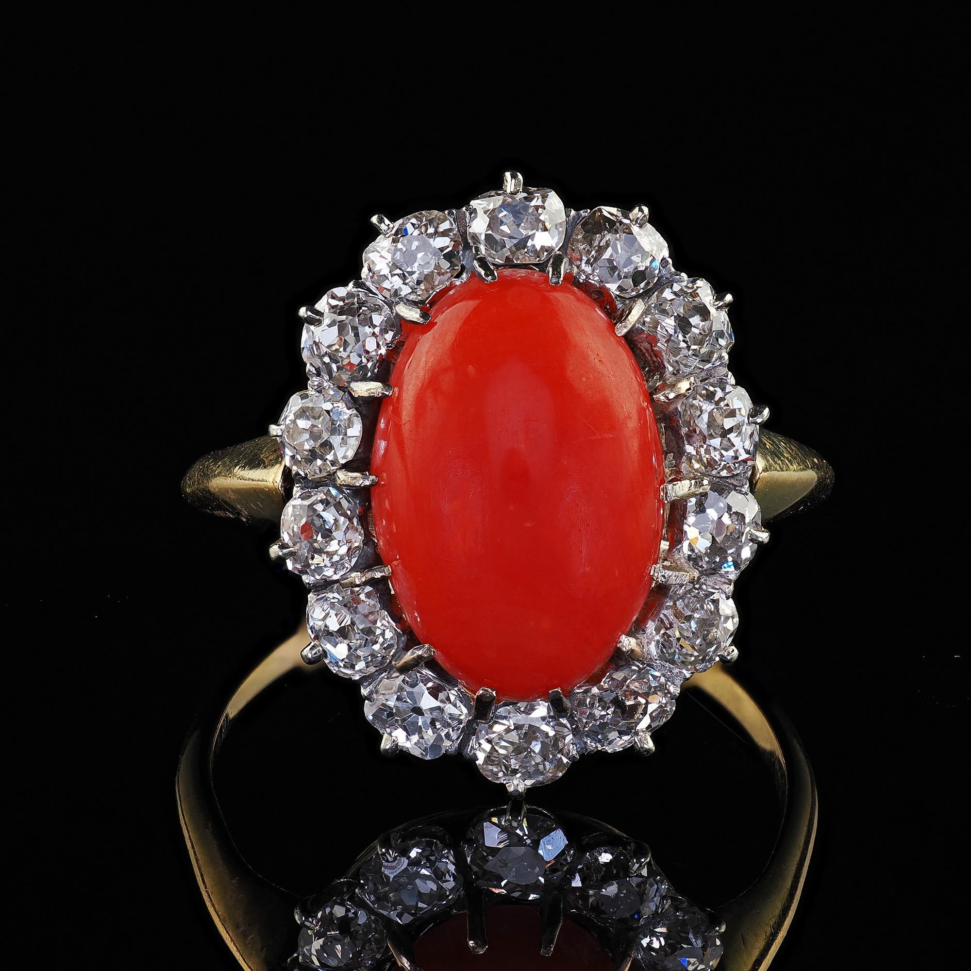 Antique Victorian 18K Yellow Gold Natural Coral Old Mine Diamond Cocktail Ring For Sale 3