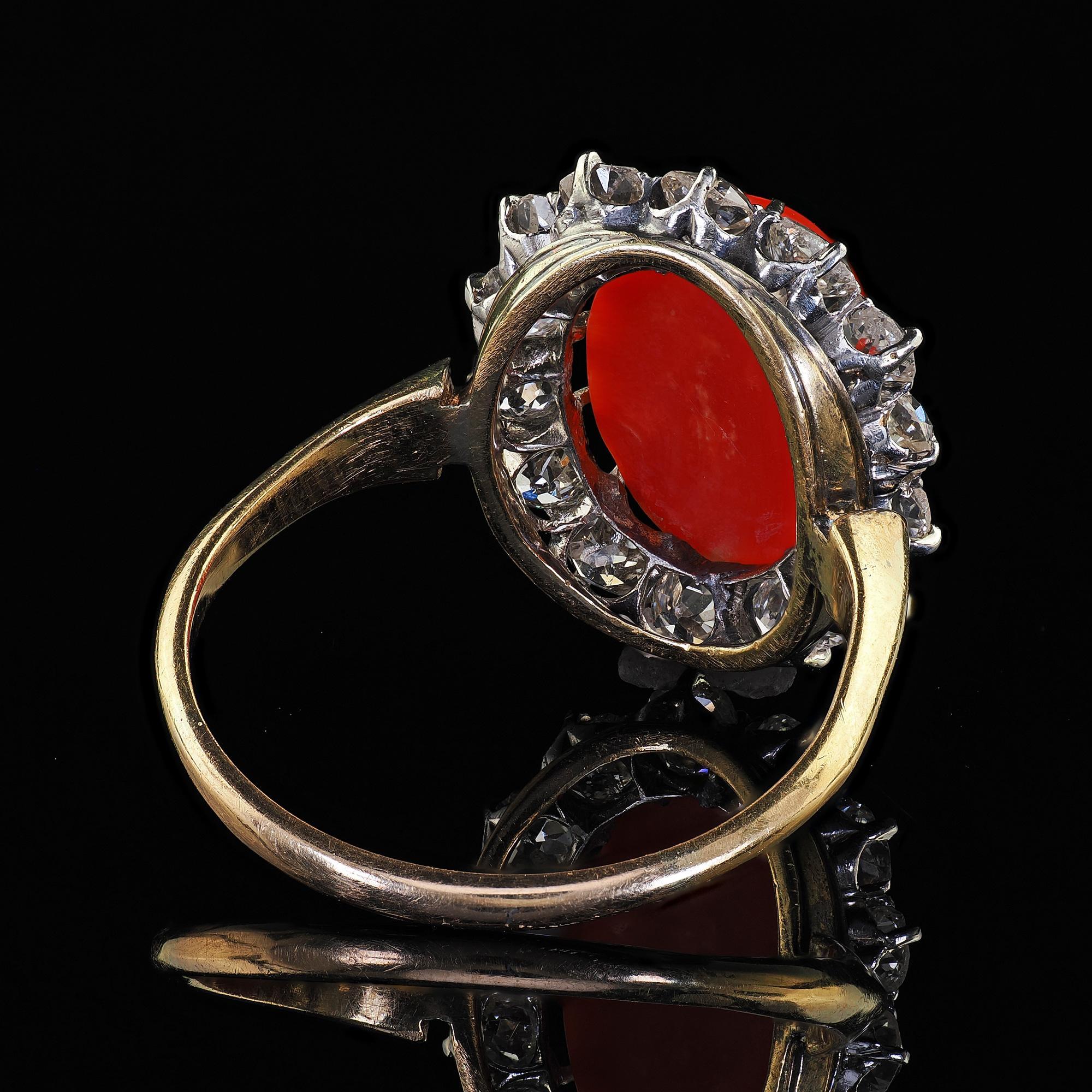 Antique Victorian 18K Yellow Gold Natural Coral Old Mine Diamond Cocktail Ring For Sale 4