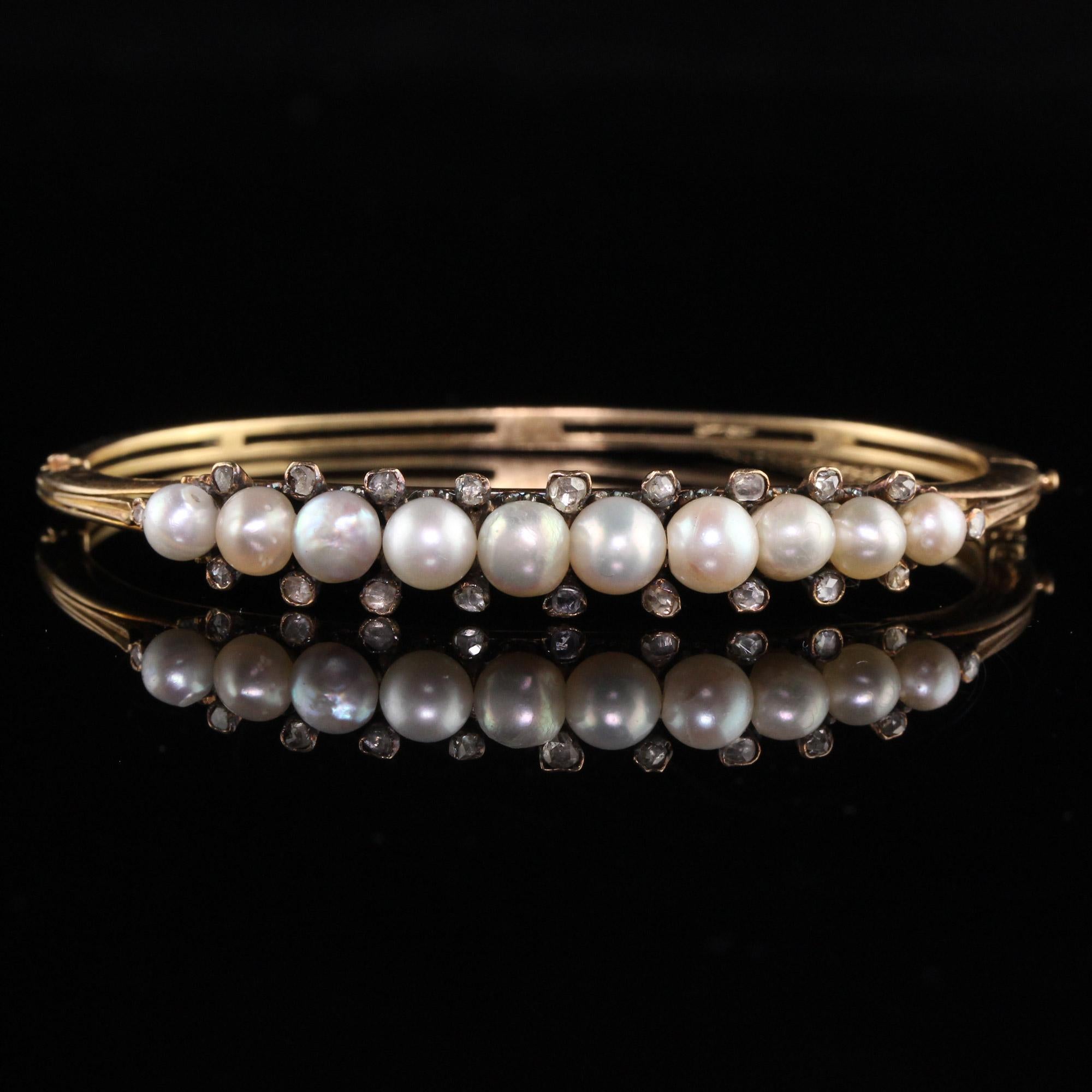 Antique Victorian 18k Yellow Gold Natural Pearl Rose Cut Diamond Bangle For Sale 1