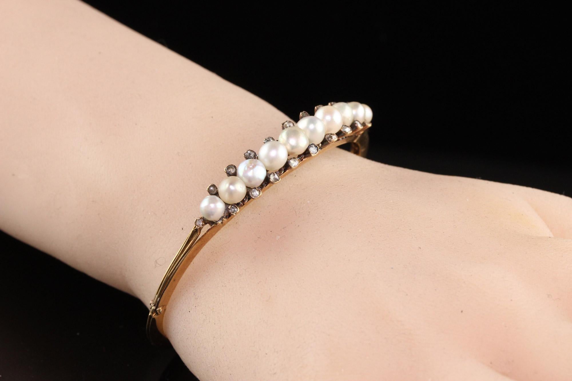 Antique Victorian 18k Yellow Gold Natural Pearl Rose Cut Diamond Bangle For Sale 3