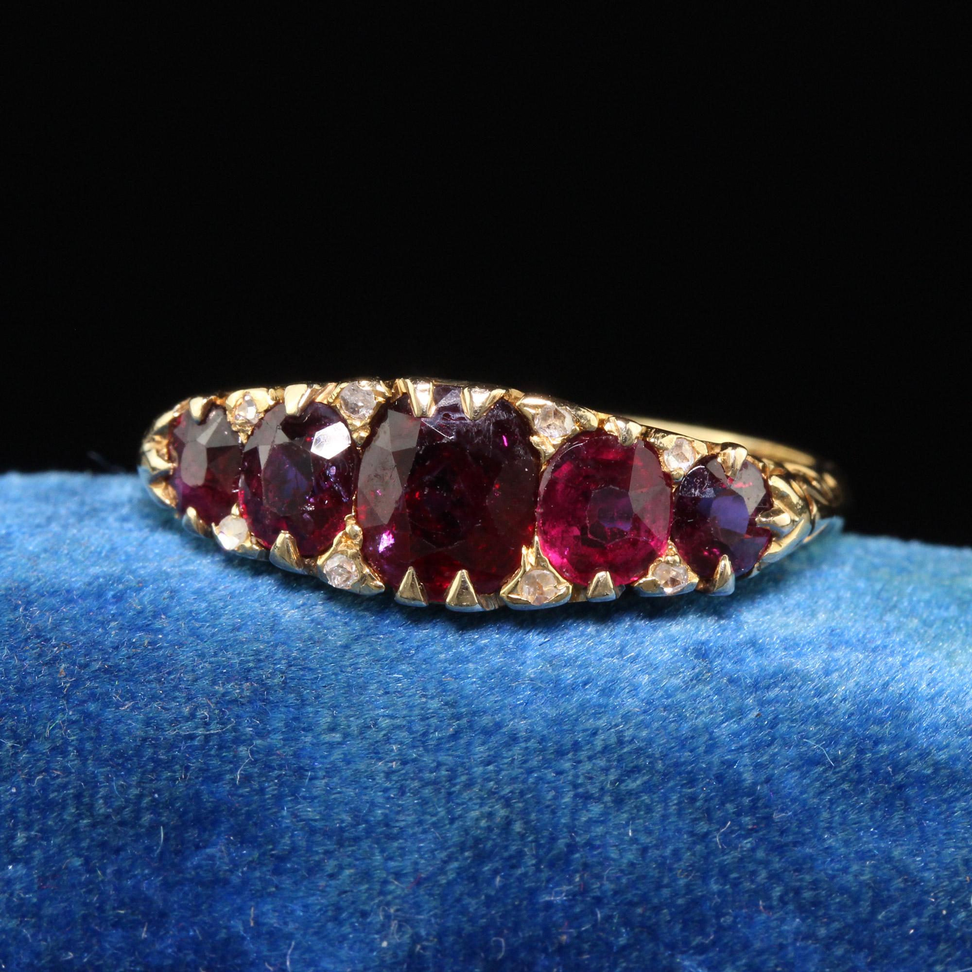 Beautiful Antique Victorian 18K Yellow Gold Natural Ruby and Diamond Five Stone Band - GIA. This gorgeous band is crafted in 18k yellow Gold. The center holds 5 natural rubies and it comes with a GIA report. There are very small diamonds in between