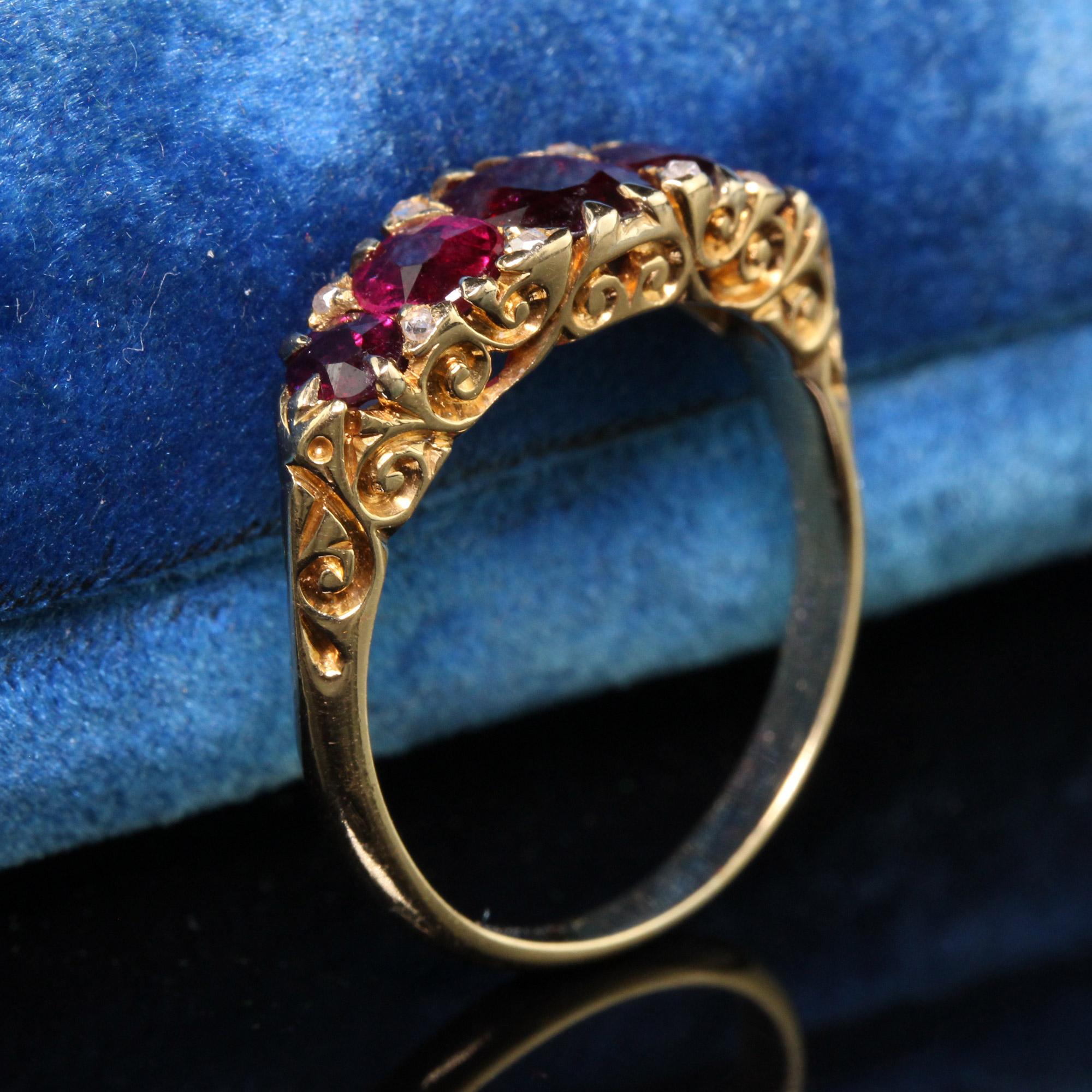 Oval Cut Antique Victorian 18K Yellow Gold Natural Ruby and Diamond Five Stone Band - GIA