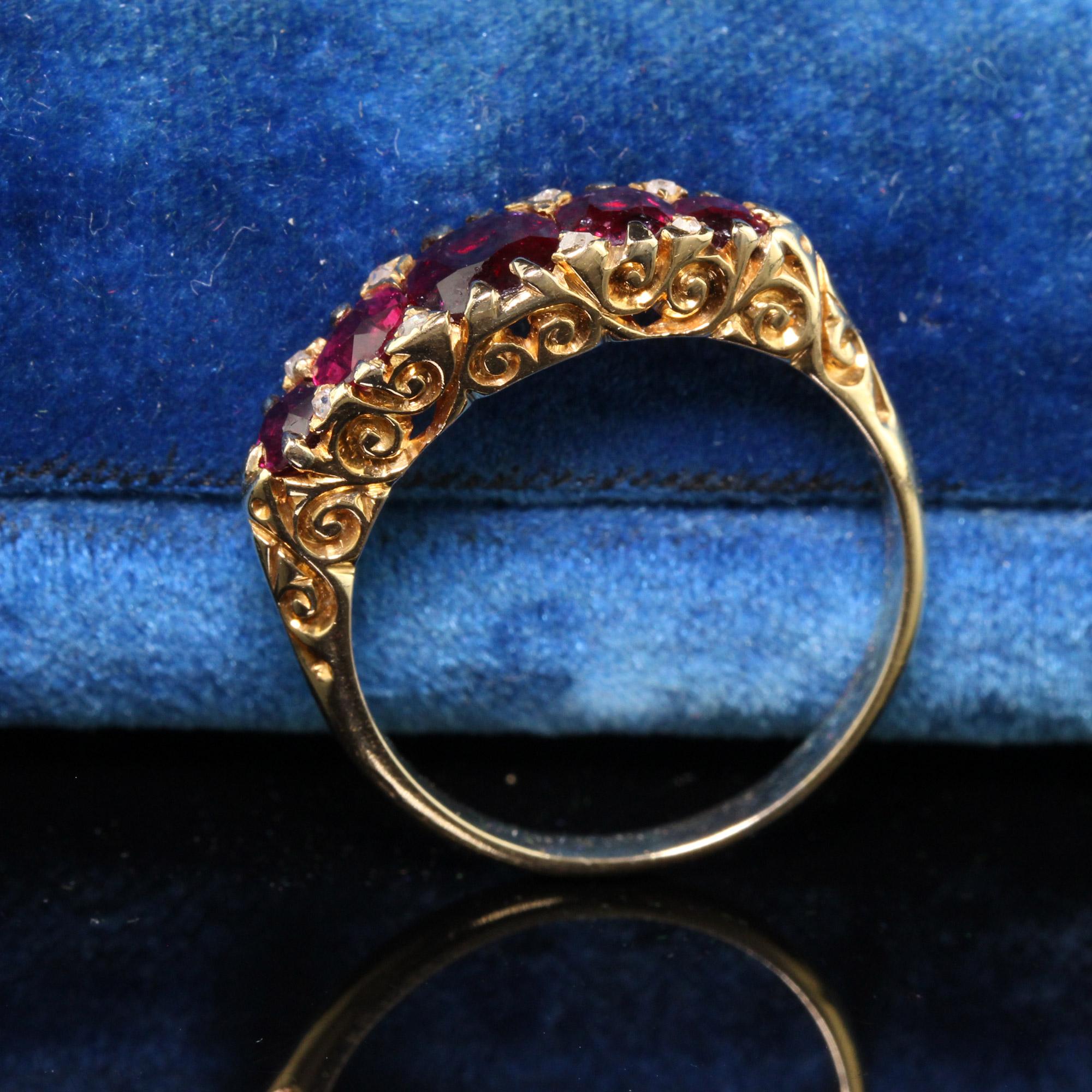 Antique Victorian 18K Yellow Gold Natural Ruby and Diamond Five Stone Band - GIA In Good Condition In Great Neck, NY