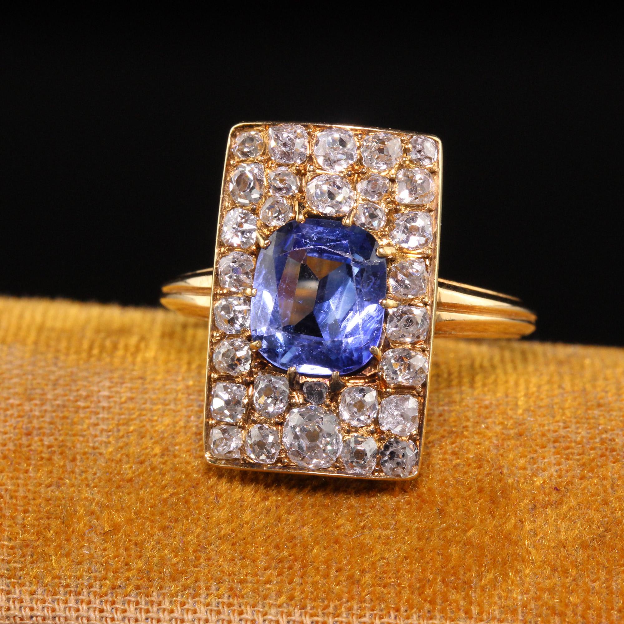 Beautiful Antique Victorian 18K Yellow Gold No Heat Sapphire and Diamond Shield Ring - GIA. This gorgeous shield ring is crafted in 18k yellow gold. The center holds a beautiful blue sapphire that has a GIA report and has no treatments. It is
