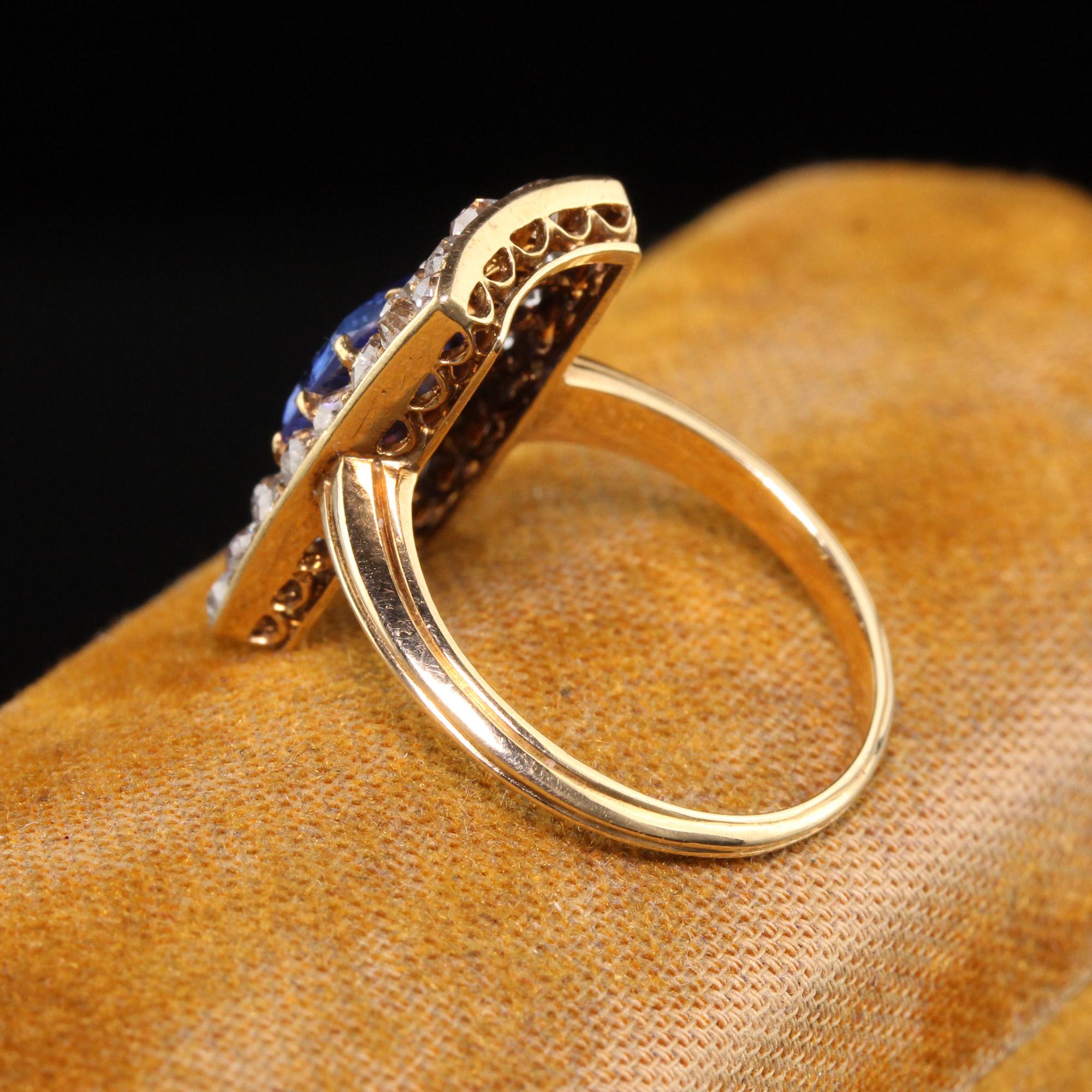Antique Victorian 18k Yellow Gold No Heat Sapphire and Diamond Shield Ring, GIA In Good Condition In Great Neck, NY