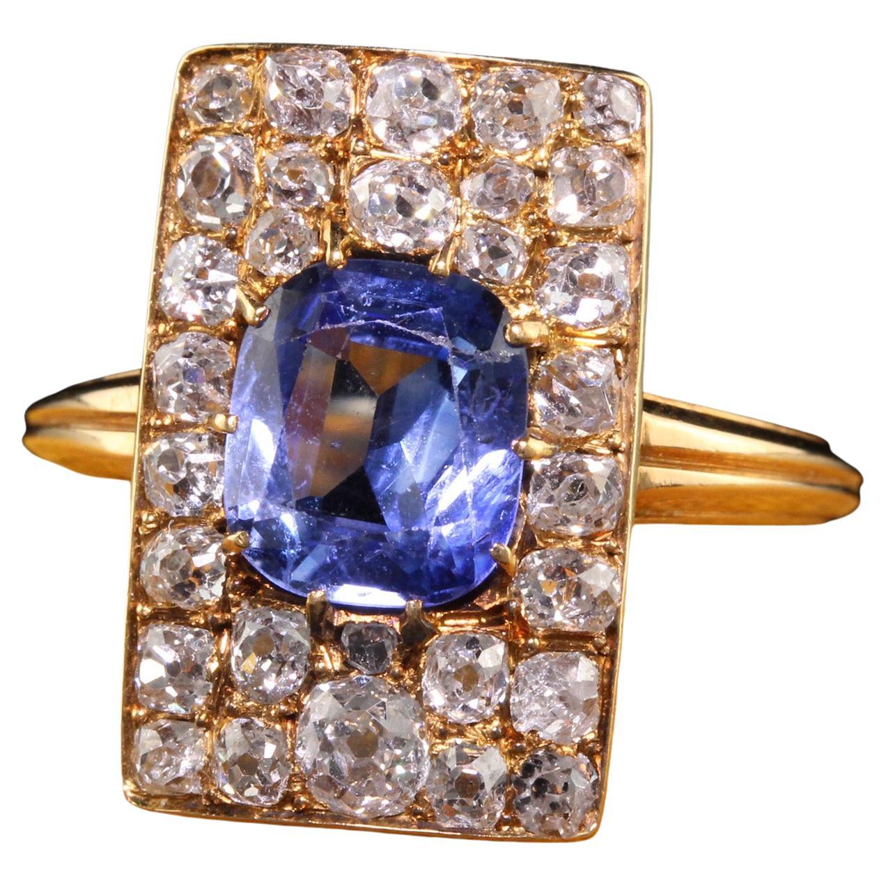 Antique Victorian 18k Yellow Gold No Heat Sapphire and Diamond Shield Ring, GIA