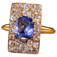 Bague bouclier victorienne ancienne en or jaune 18 carats, saphir non chauffé et diamants - GIA