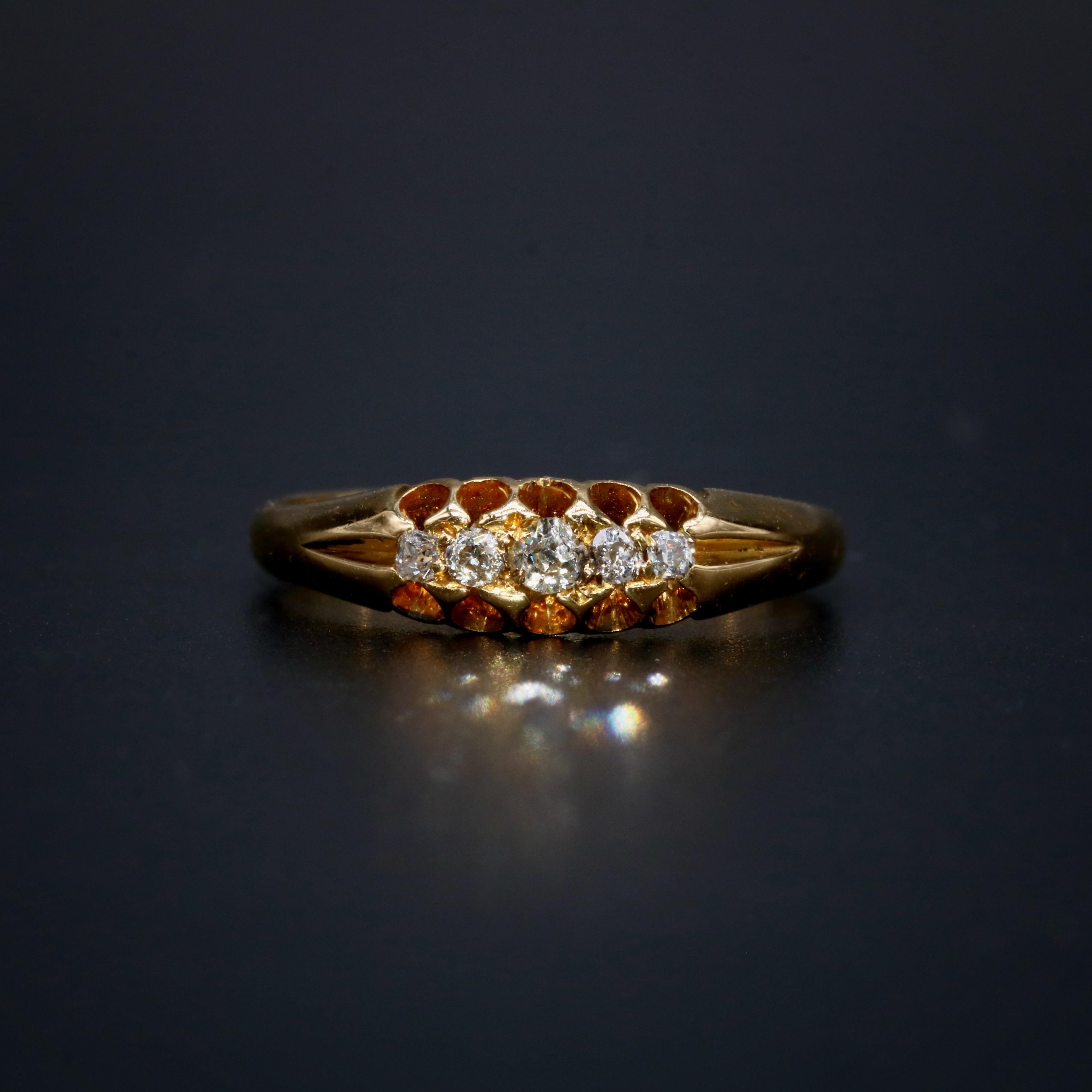 Old European Cut Antique Victorian 18K Yellow Gold Old Cut Diamond 5 Stone Ring For Sale