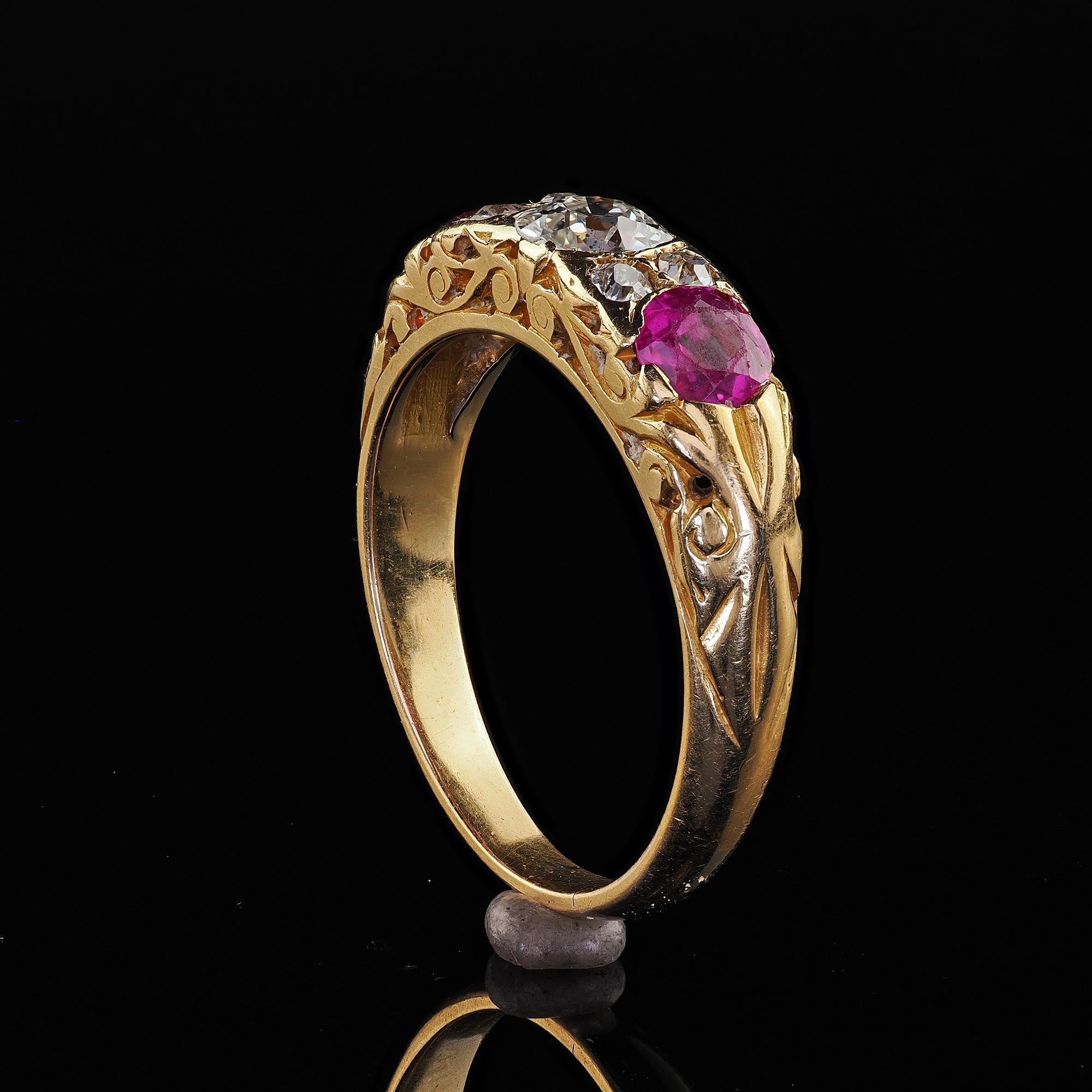 Antique Victorian 18K Yellow Gold Old Cut Diamond and Ruby Three Stone Ring For Sale 5