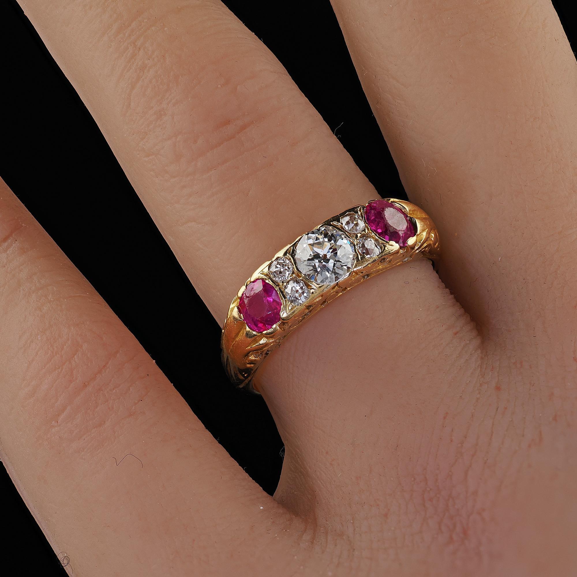 Antique Victorian 18K Yellow Gold Old Cut Diamond and Ruby Three Stone Ring For Sale 6