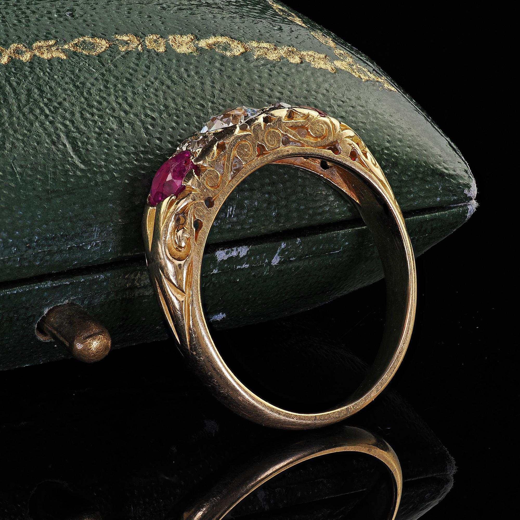 Old European Cut Antique Victorian 18K Yellow Gold Old Cut Diamond and Ruby Three Stone Ring For Sale