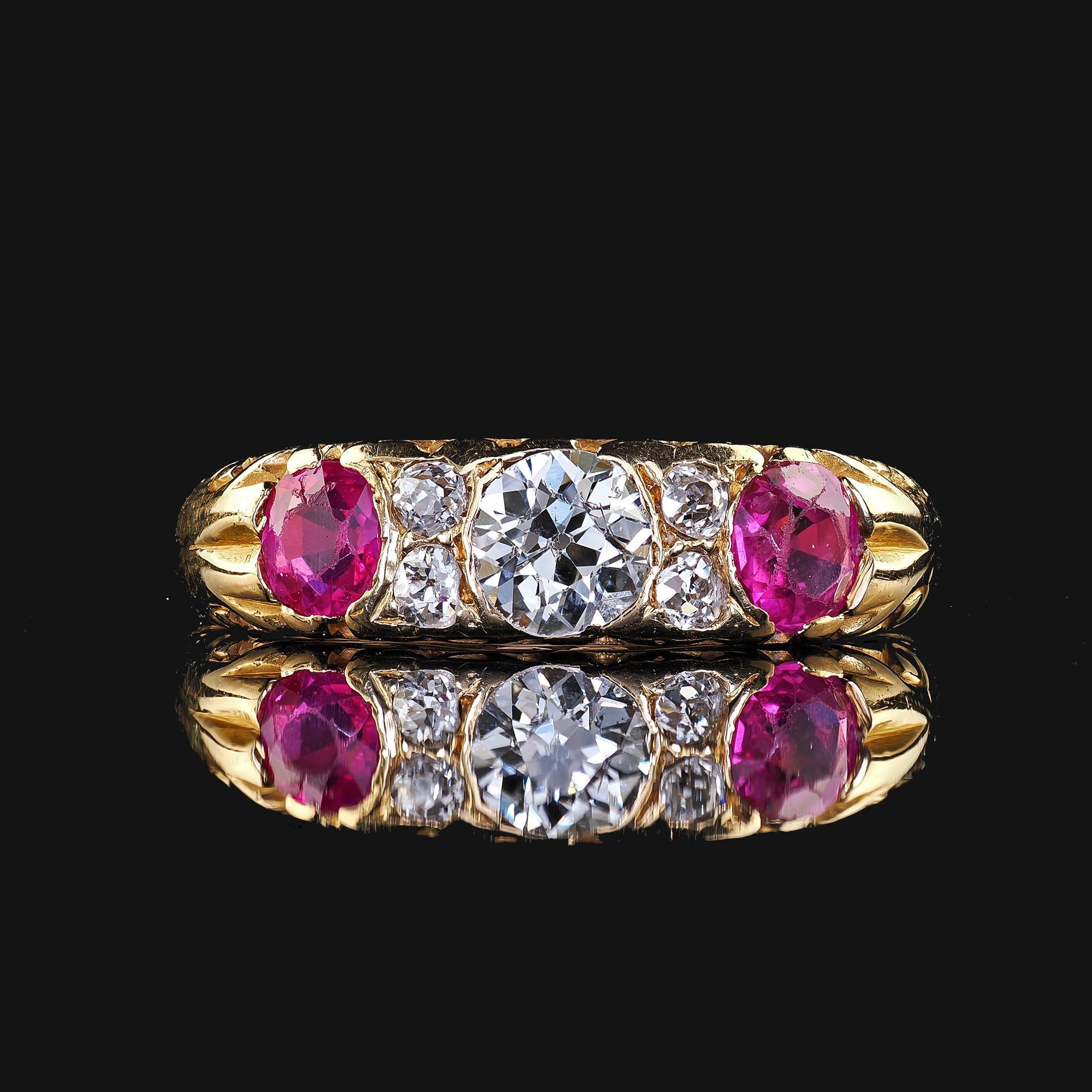 Antique Victorian 18K Yellow Gold Old Cut Diamond and Ruby Three Stone Ring For Sale 3