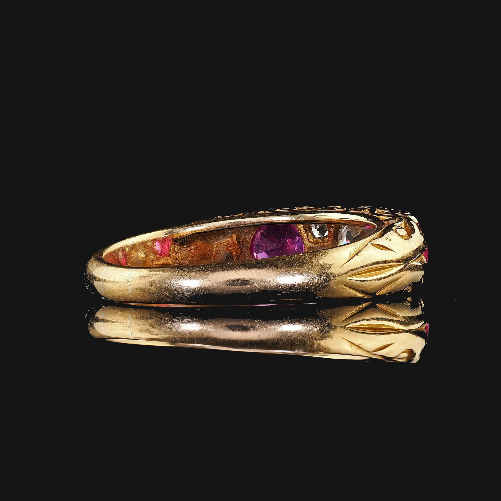 Antique Victorian 18K Yellow Gold Old Cut Diamond and Ruby Three Stone Ring For Sale 4