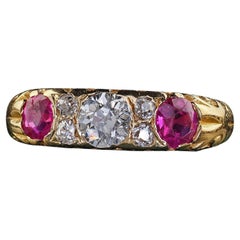Antique Victorian 18K Yellow Gold Old Cut Diamond and Ruby Three Stone Ring