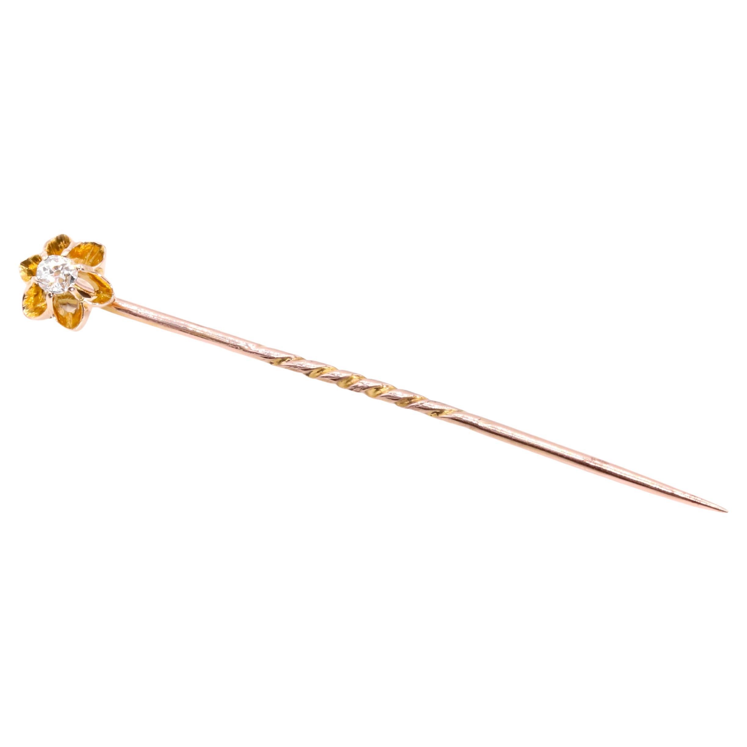 Antique Victorian 18K Yellow Gold Old Cut Diamond Flower Stick Pin