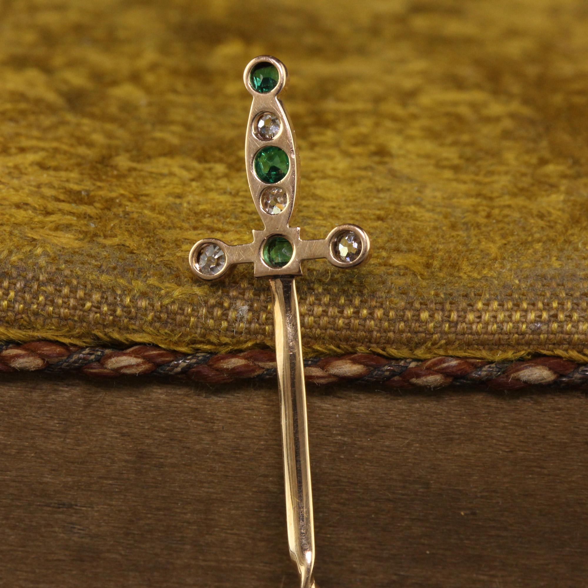 Old Mine Cut Antique Victorian 18K Yellow Gold Old Cut Emerald and Diamond Sword Stick Pin For Sale