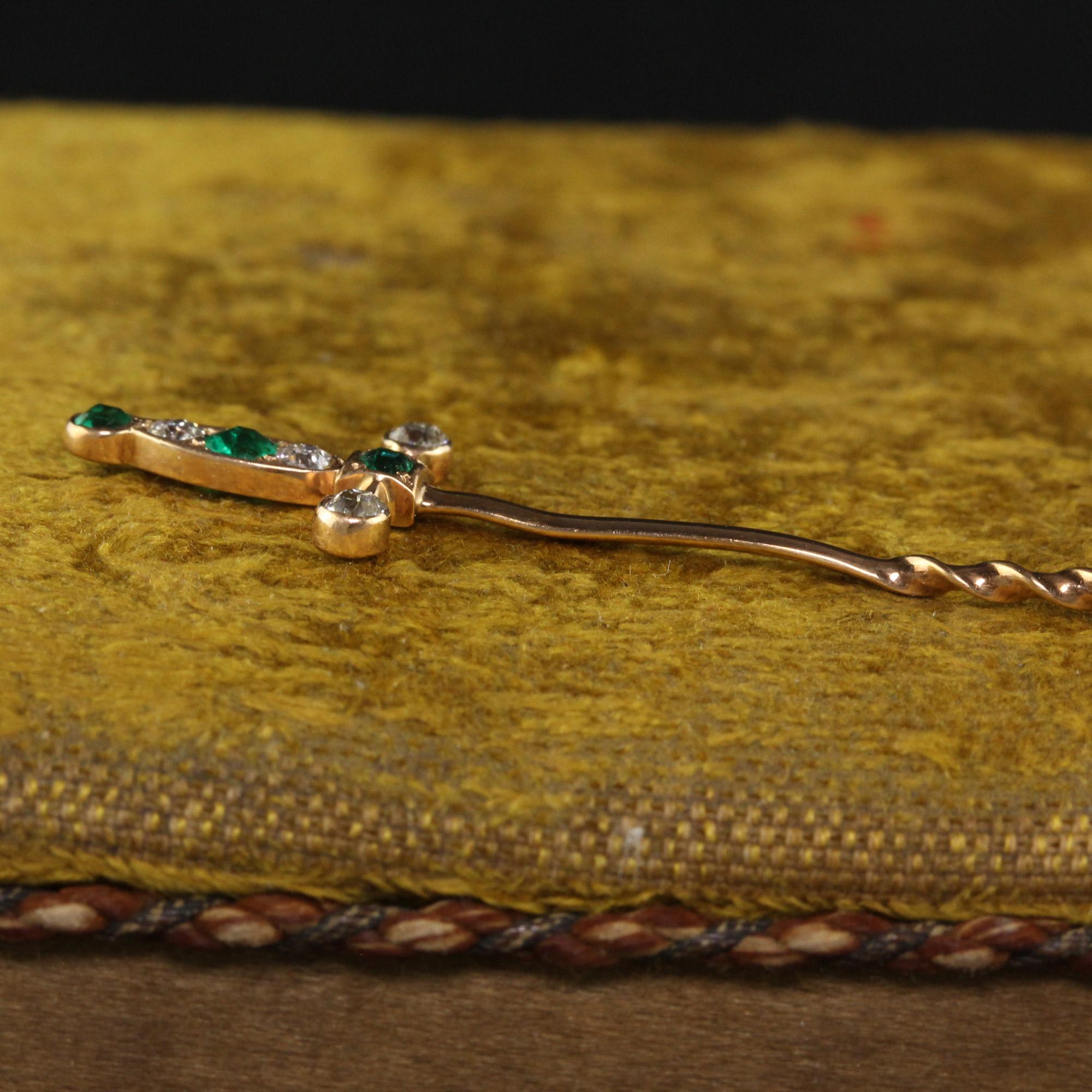 Old Mine Cut Antique Victorian 18K Yellow Gold Old Cut Emerald and Diamond Sword Stick Pin For Sale