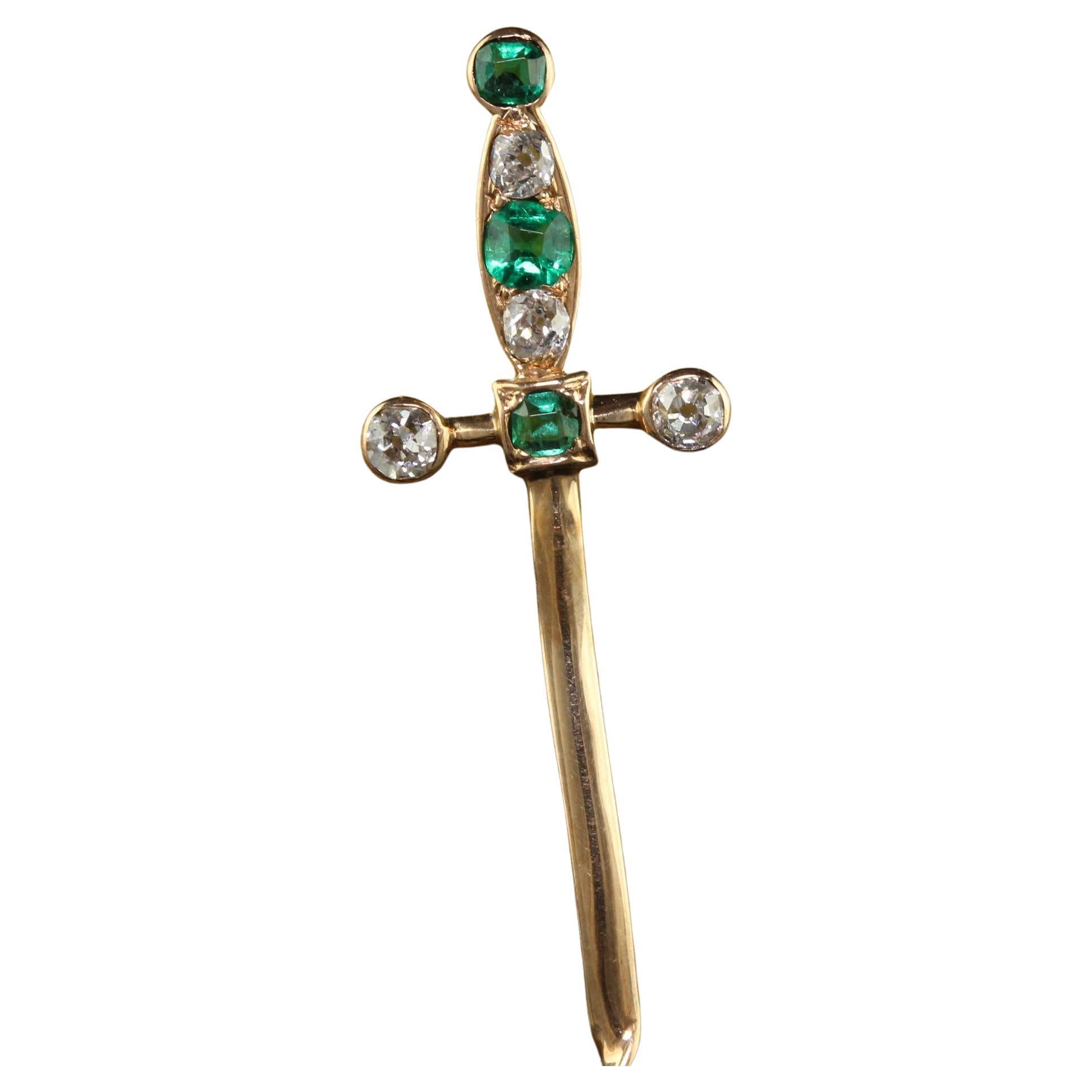 Antique Victorian 18K Yellow Gold Old Cut Emerald and Diamond Sword Stick Pin For Sale