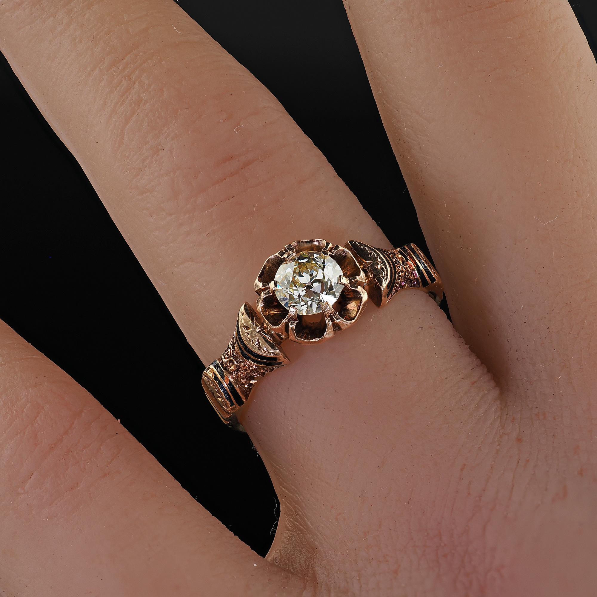 Antique Victorian 18K Yellow Gold Old Euro Diamond and Enamel Engagement Ring 5