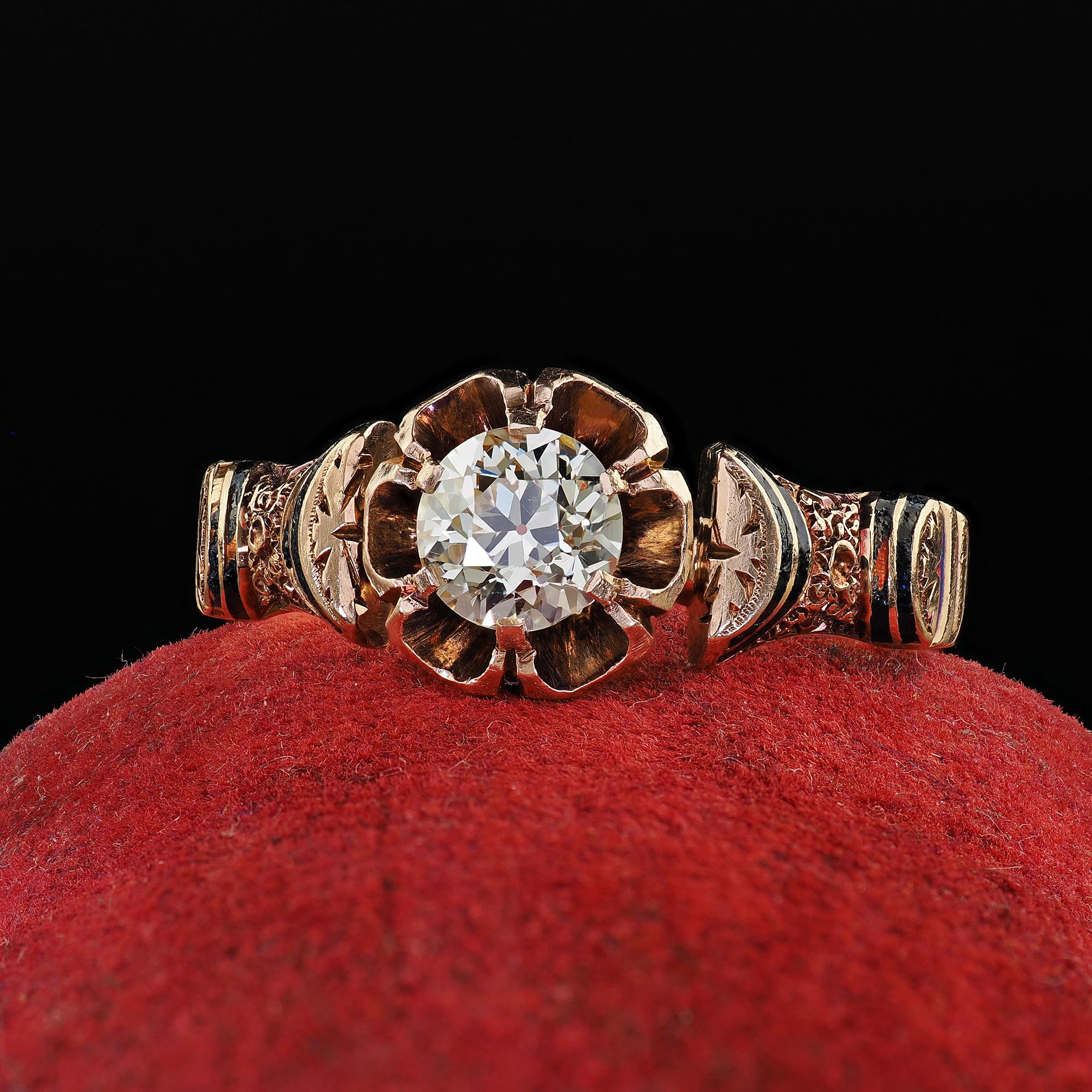 Beautiful Antique Victorian 18K Yellow Gold Old Euro Diamond and Enamel Engagement Ring. This incredible Victorian old Euro diamond enamel engagement ring is crafted in 18k yellow gold. This amazing ring features a bright old European cut diamond in