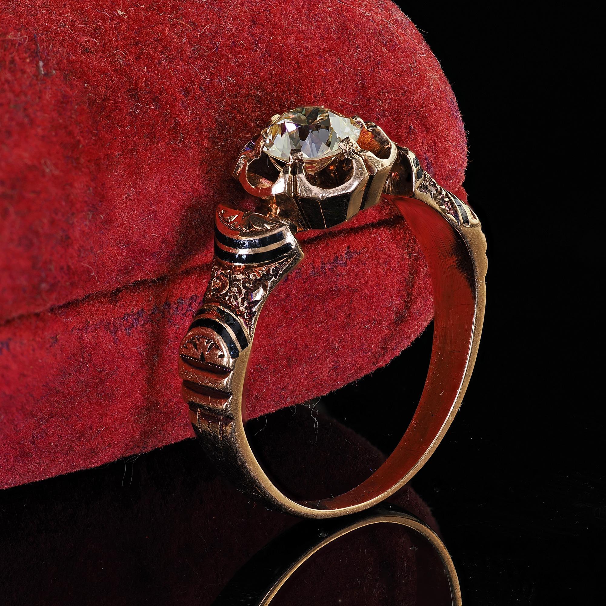 Old European Cut Antique Victorian 18K Yellow Gold Old Euro Diamond and Enamel Engagement Ring