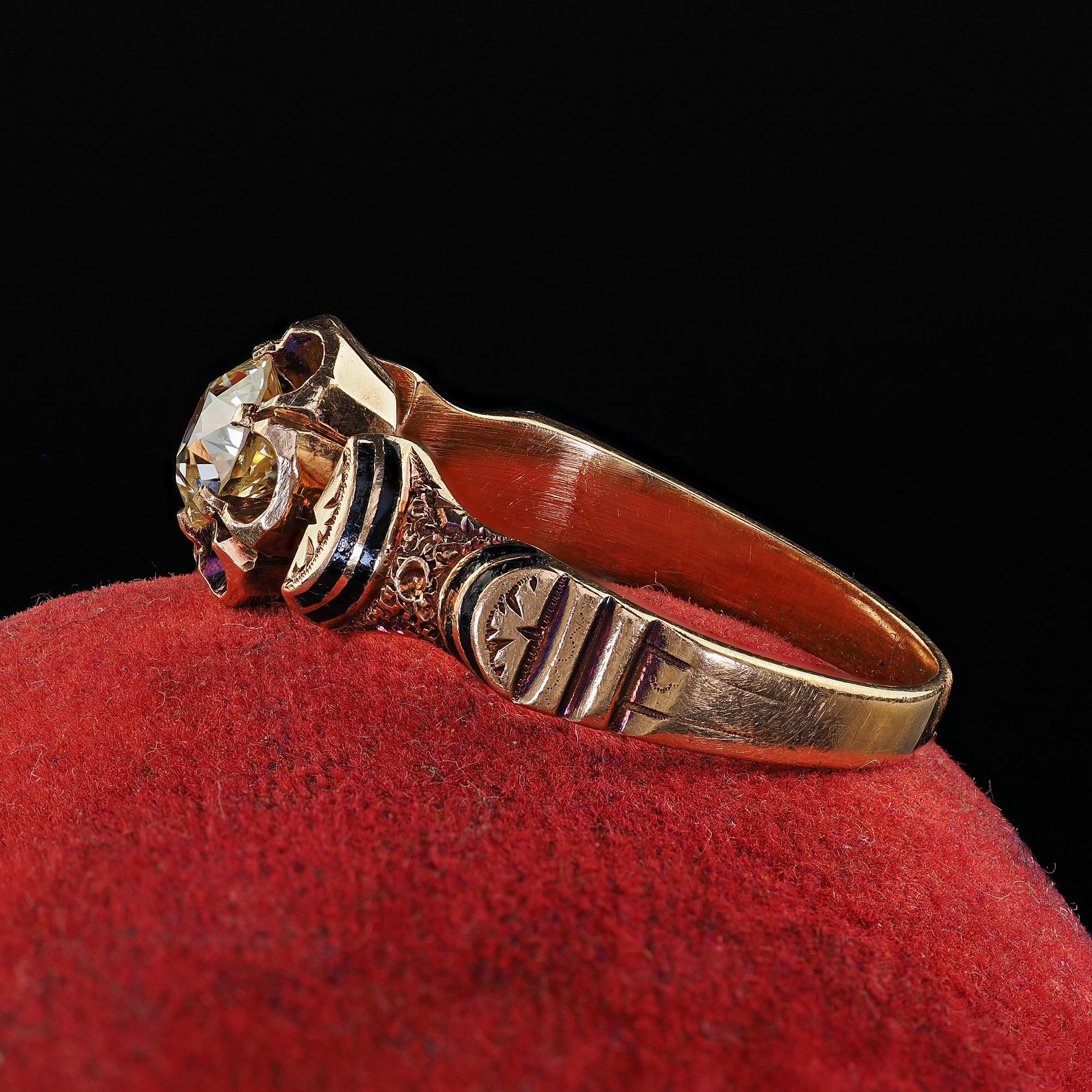 Women's Antique Victorian 18K Yellow Gold Old Euro Diamond and Enamel Engagement Ring