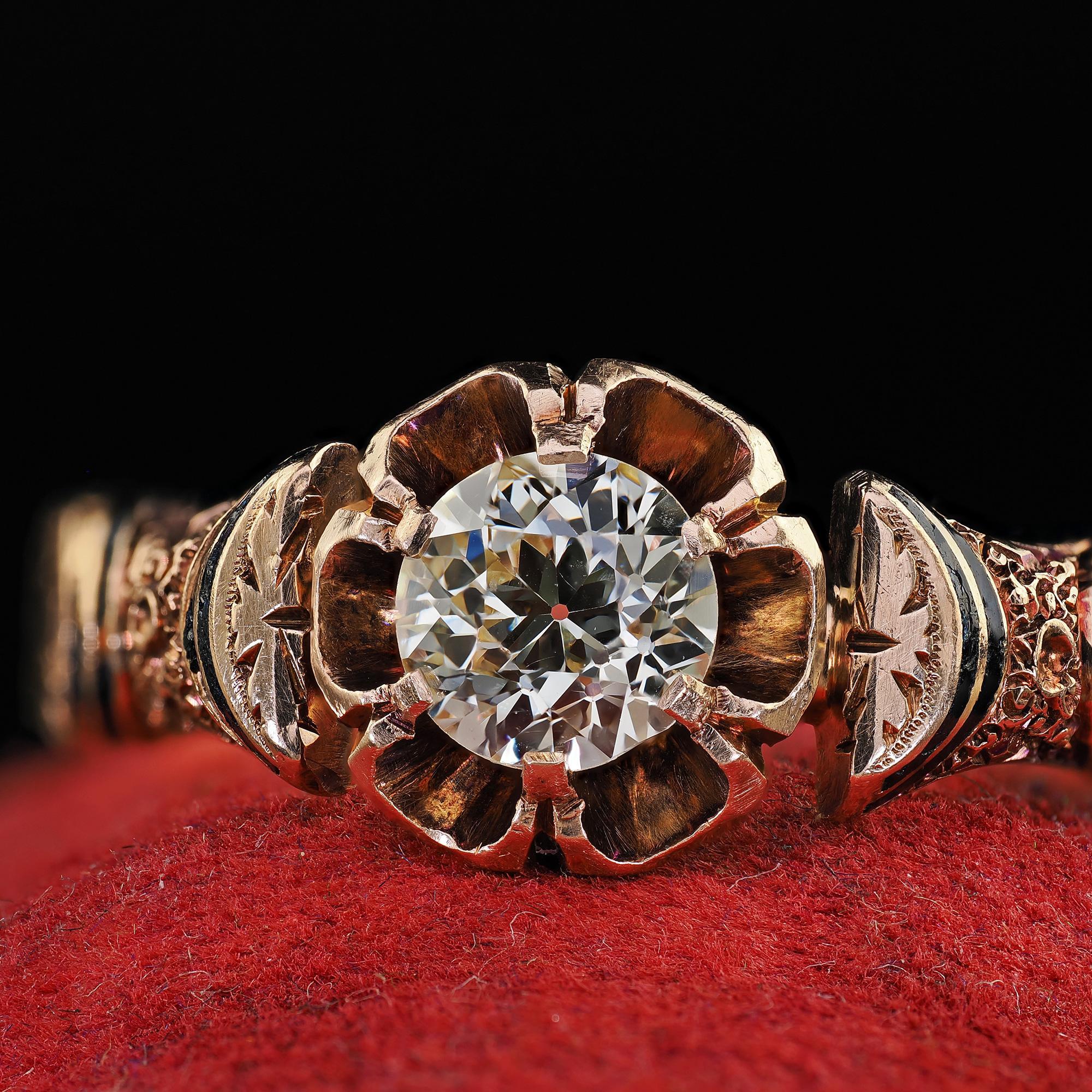 Antique Victorian 18K Yellow Gold Old Euro Diamond and Enamel Engagement Ring 1
