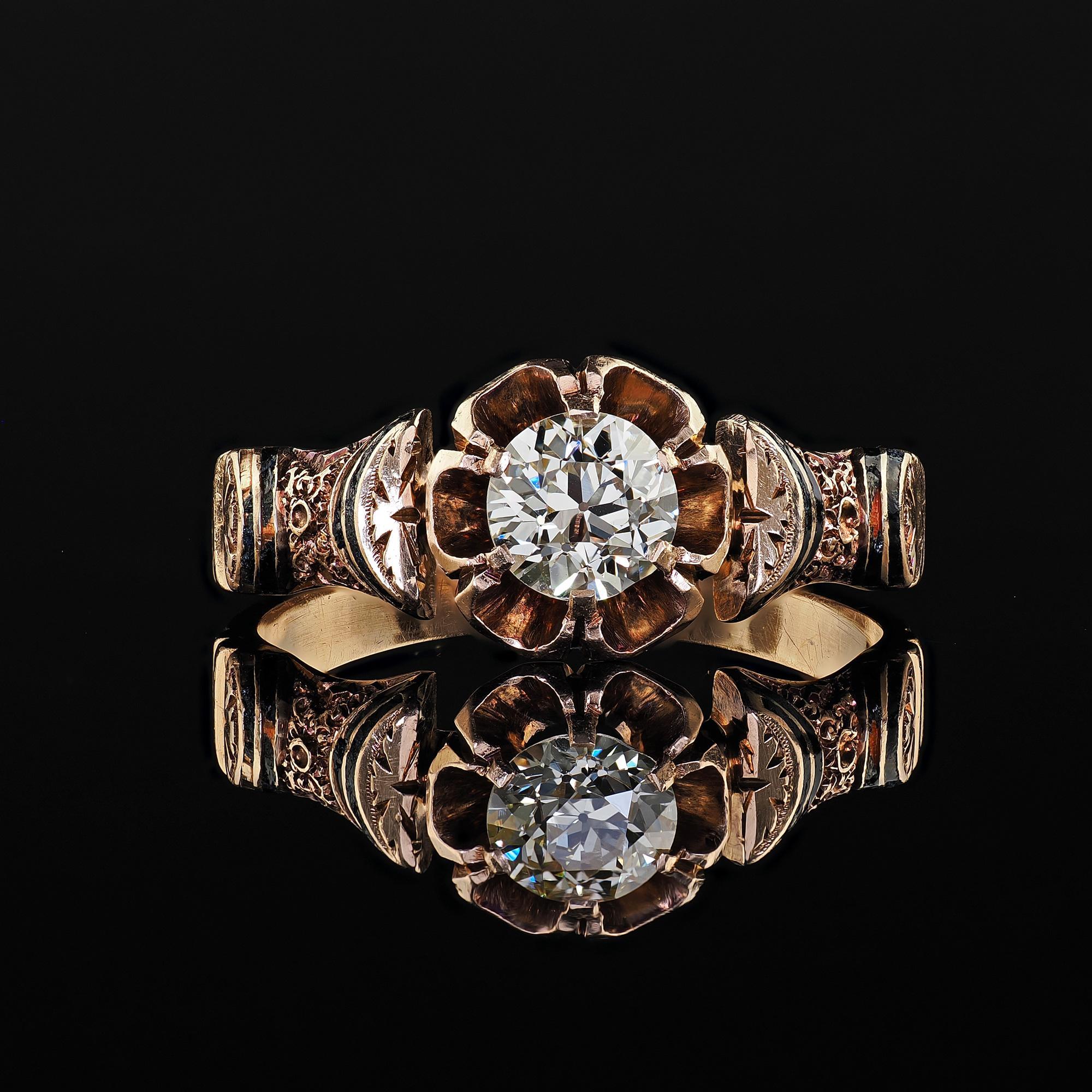 Antique Victorian 18K Yellow Gold Old Euro Diamond and Enamel Engagement Ring 2