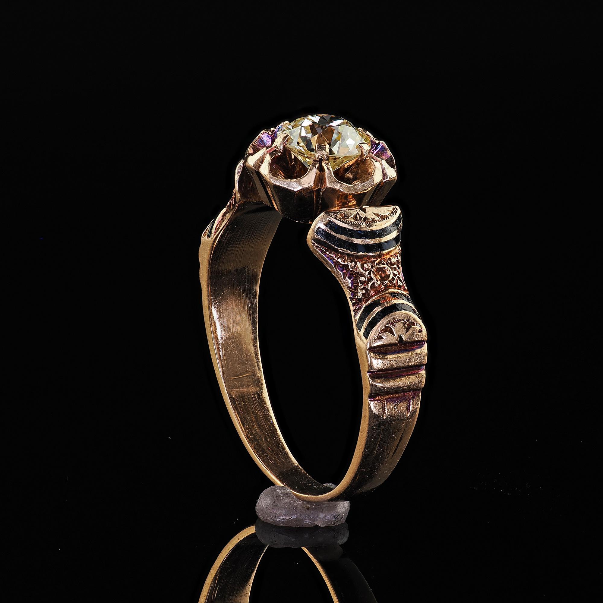 Antique Victorian 18K Yellow Gold Old Euro Diamond and Enamel Engagement Ring 4
