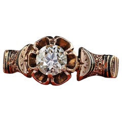 Bague de fiançailles victorienne ancienne en or jaune 18 carats, diamant européen ancien et émail
