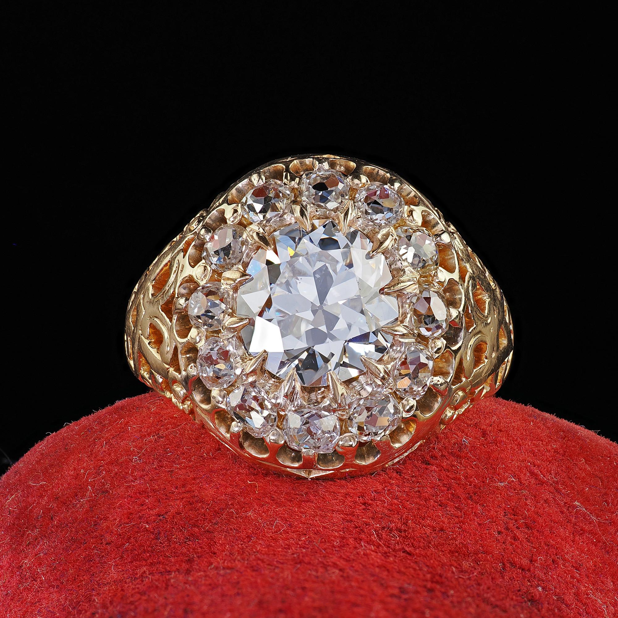 Beautiful Antique Victorian 18K Yellow Gold Old Euro Diamond Engagement Ring - GIA. This incredible Victorian old European diamond engagement ring is crafted in 18k yellow gold. The ring features a gorgeous old cut diamond in the center that has a