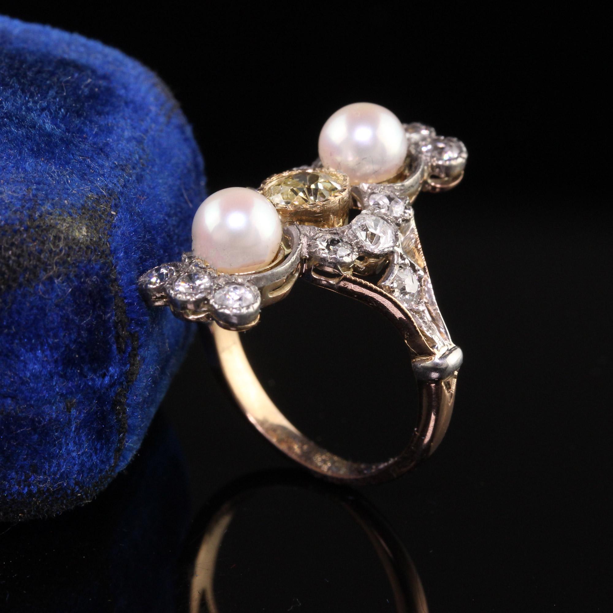 Old European Cut Antique Victorian 18k Yellow Gold Old European Diamond and Pearl Shield Ring For Sale