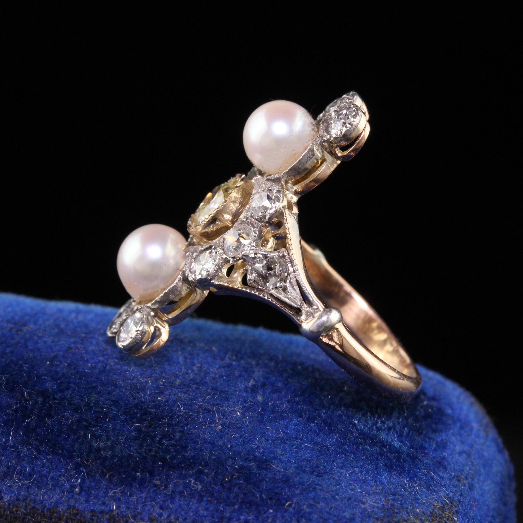 Antique Victorian 18k Yellow Gold Old European Diamond and Pearl Shield Ring In Good Condition For Sale In Great Neck, NY