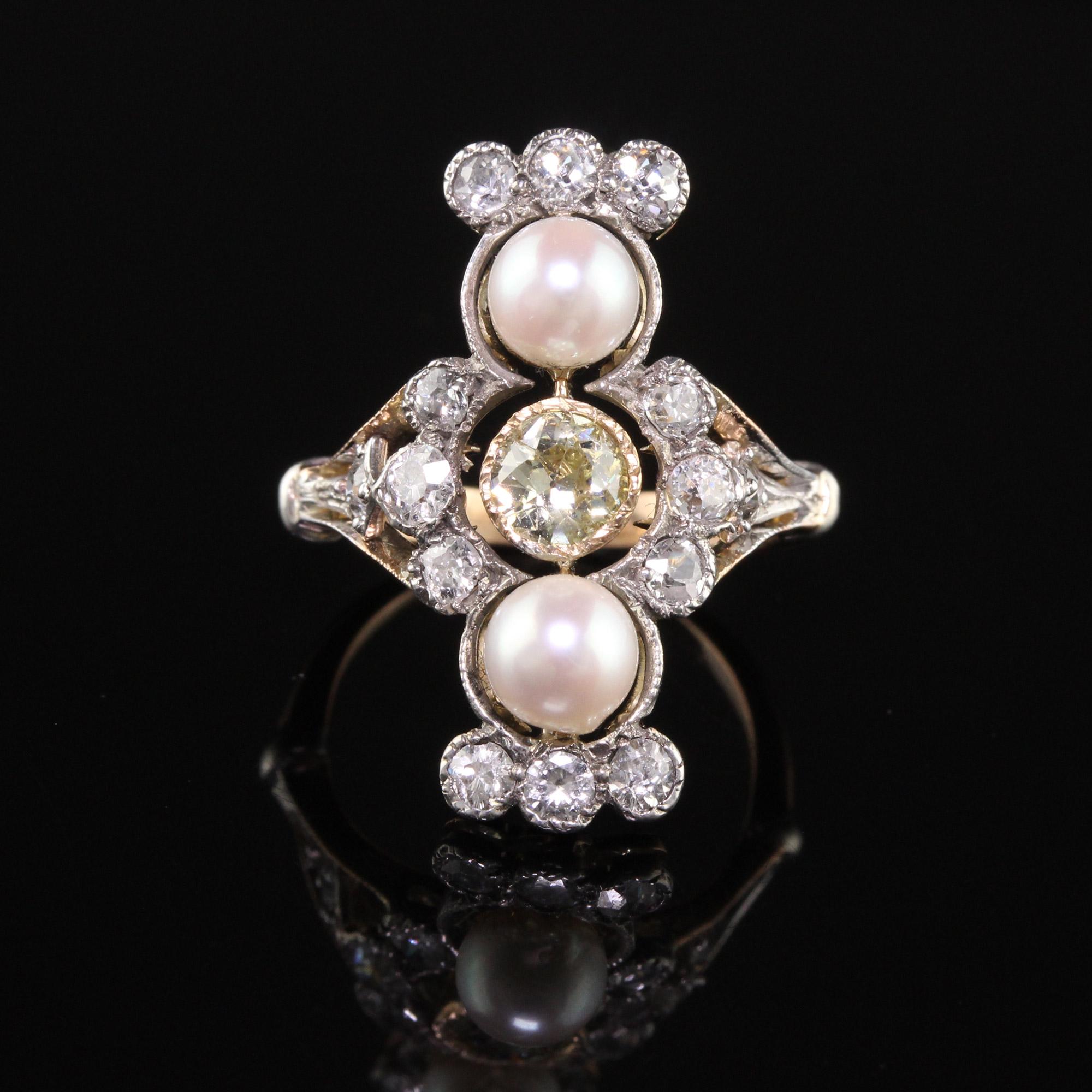 Women's Antique Victorian 18k Yellow Gold Old European Diamond and Pearl Shield Ring For Sale
