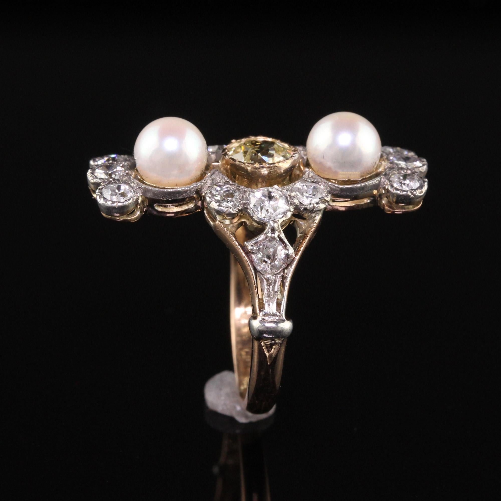 Antique Victorian 18k Yellow Gold Old European Diamond and Pearl Shield Ring For Sale 2