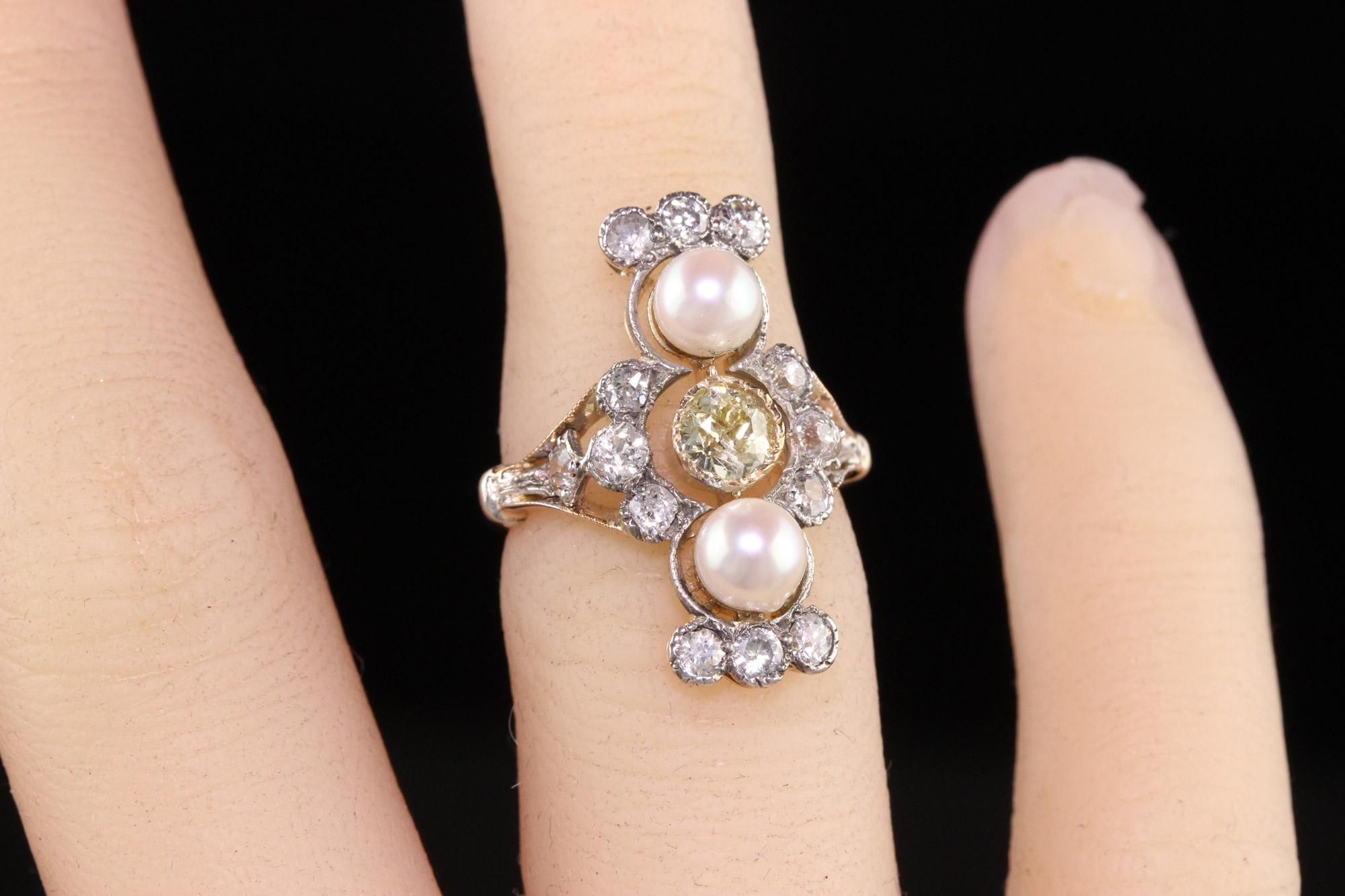 Antique Victorian 18k Yellow Gold Old European Diamond and Pearl Shield Ring For Sale 3