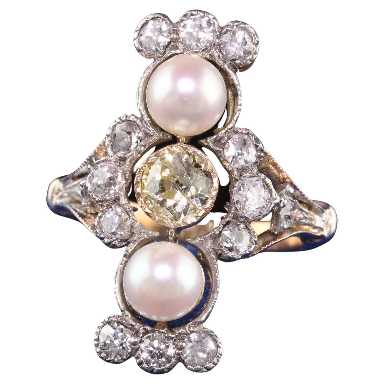 Antique Victorian 18k Yellow Gold Old European Diamond and Pearl Shield Ring