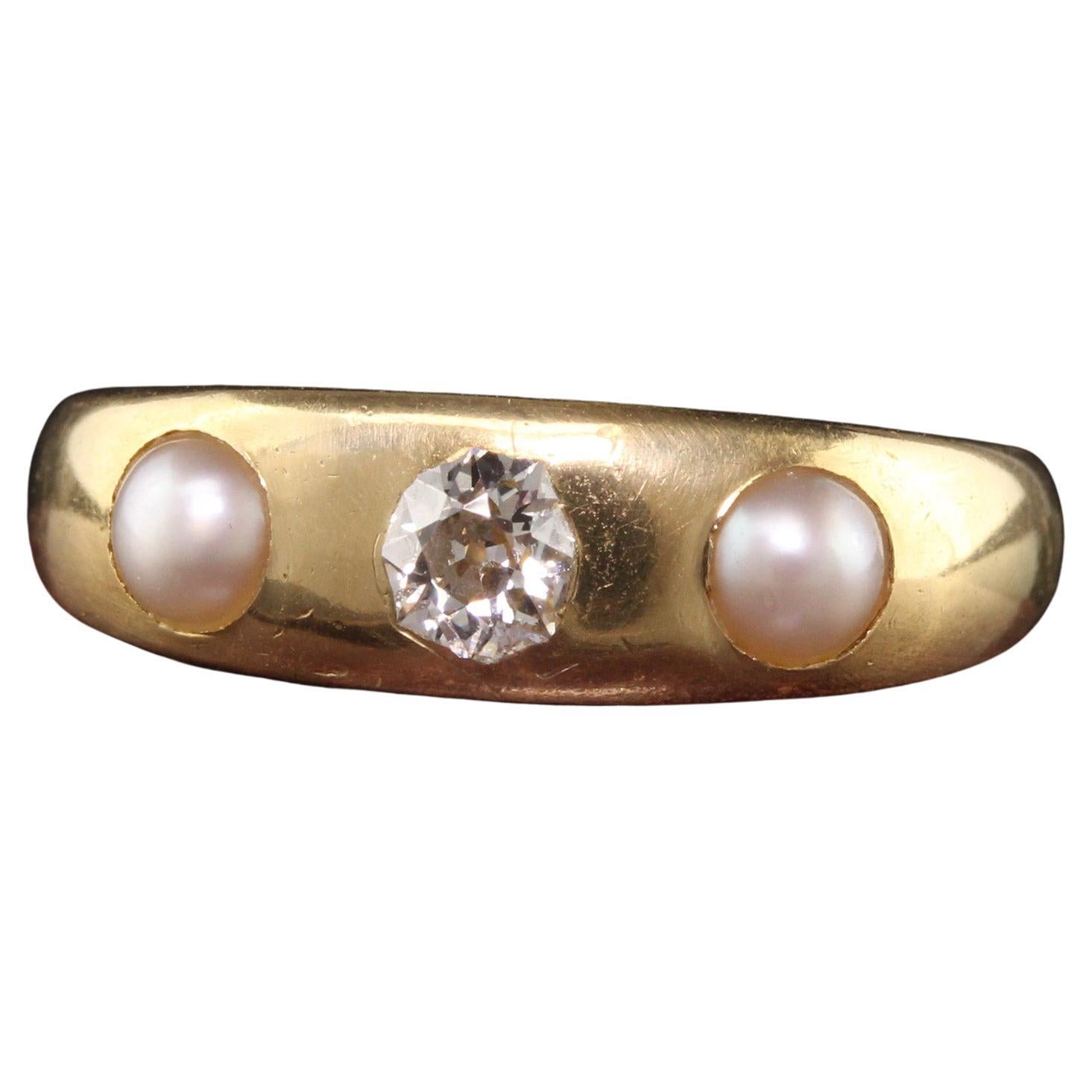 Antique Victorian 18K Yellow Gold Old European Diamond Pearl Three Stone Ring