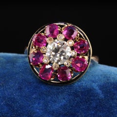 Antiker viktorianischer Verlobungsring aus 18 Karat Gelbgold mit alteuropäischem Diamant und Rubin, GIA