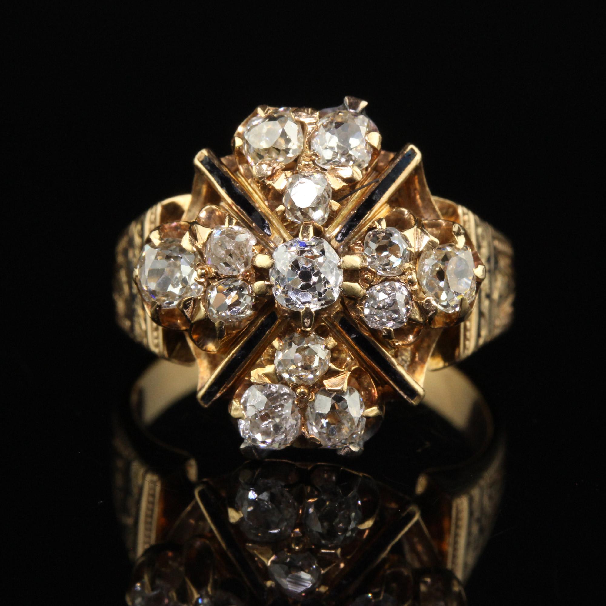 Antiker viktorianischer Cocktailring aus 18 Karat Gelbgold mit Diamanten im alten Minenschliff und Emaille (Alteuropäischer Brillantschliff)