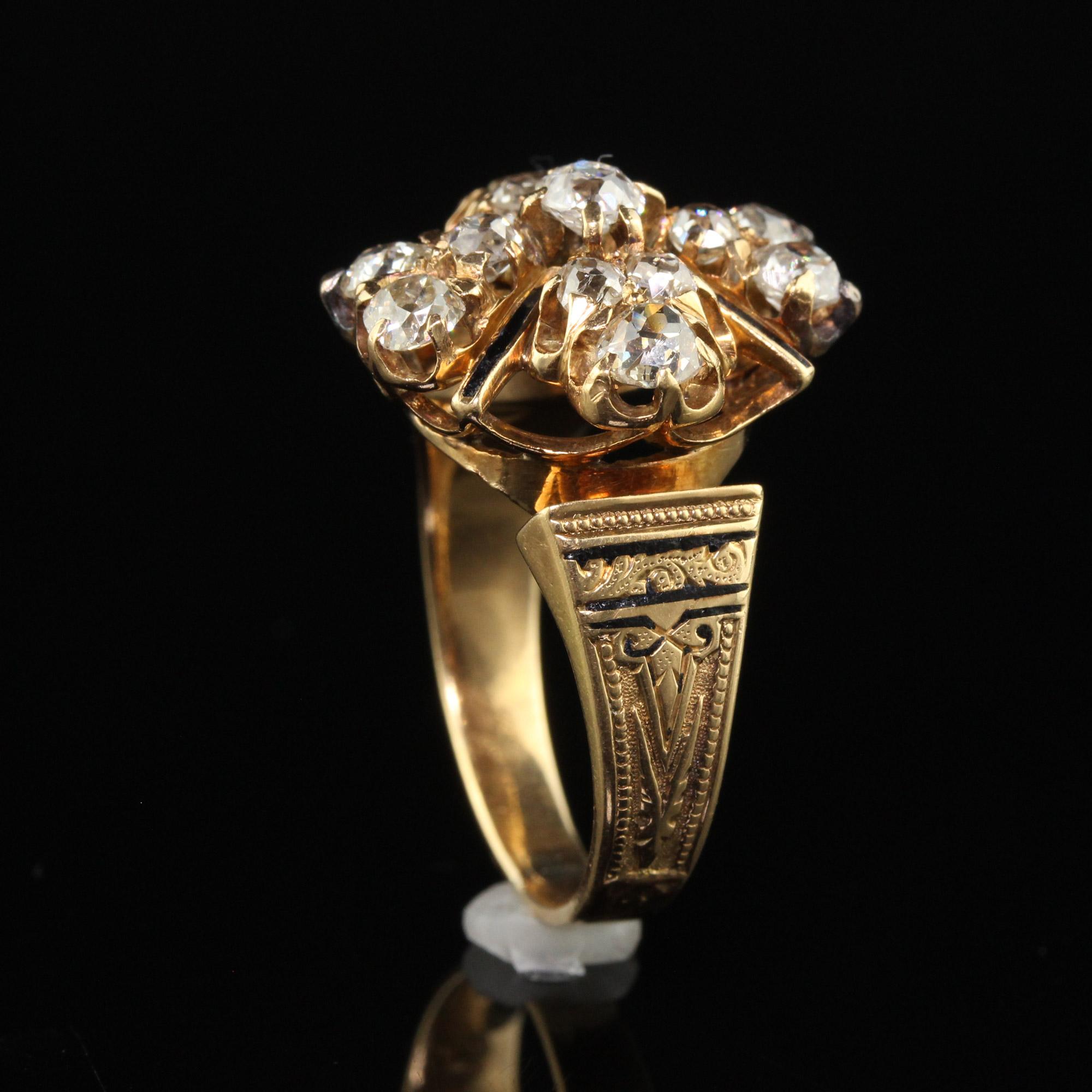 Antiker viktorianischer Cocktailring aus 18 Karat Gelbgold mit Diamanten im alten Minenschliff und Emaille Damen