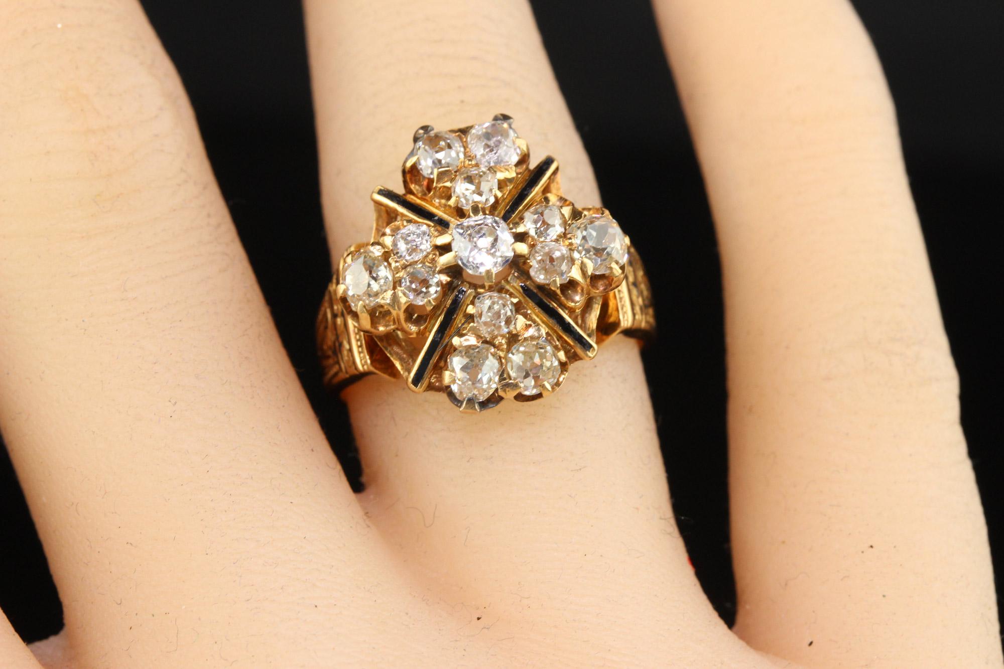 Antiker viktorianischer Cocktailring aus 18 Karat Gelbgold mit Diamanten im alten Minenschliff und Emaille 1